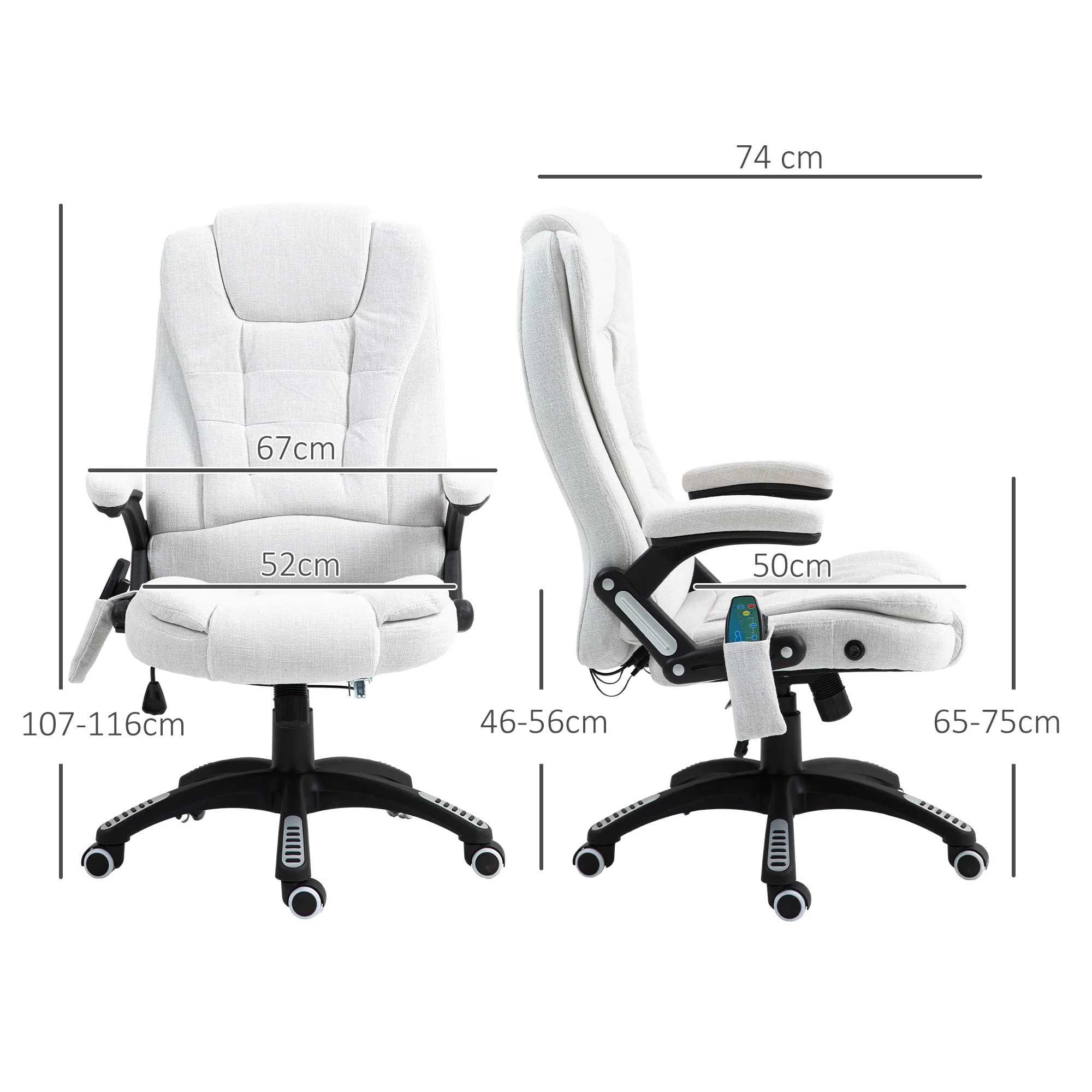 Ergonomische bureaustoel met 6-punts massage en rugverwarming, linnenlook stof, cr��me wit