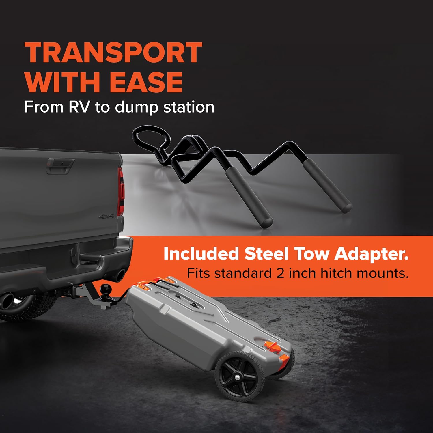 Draagbare camper-/campertank van 36 gallon - Met grote, robuuste wielen die lekvrij zijn en een ingebouwde afsluiter - Verwijderbare stalen trekadapter, 3-delige camper-rioolslang en meer camperaccessoires (39006)