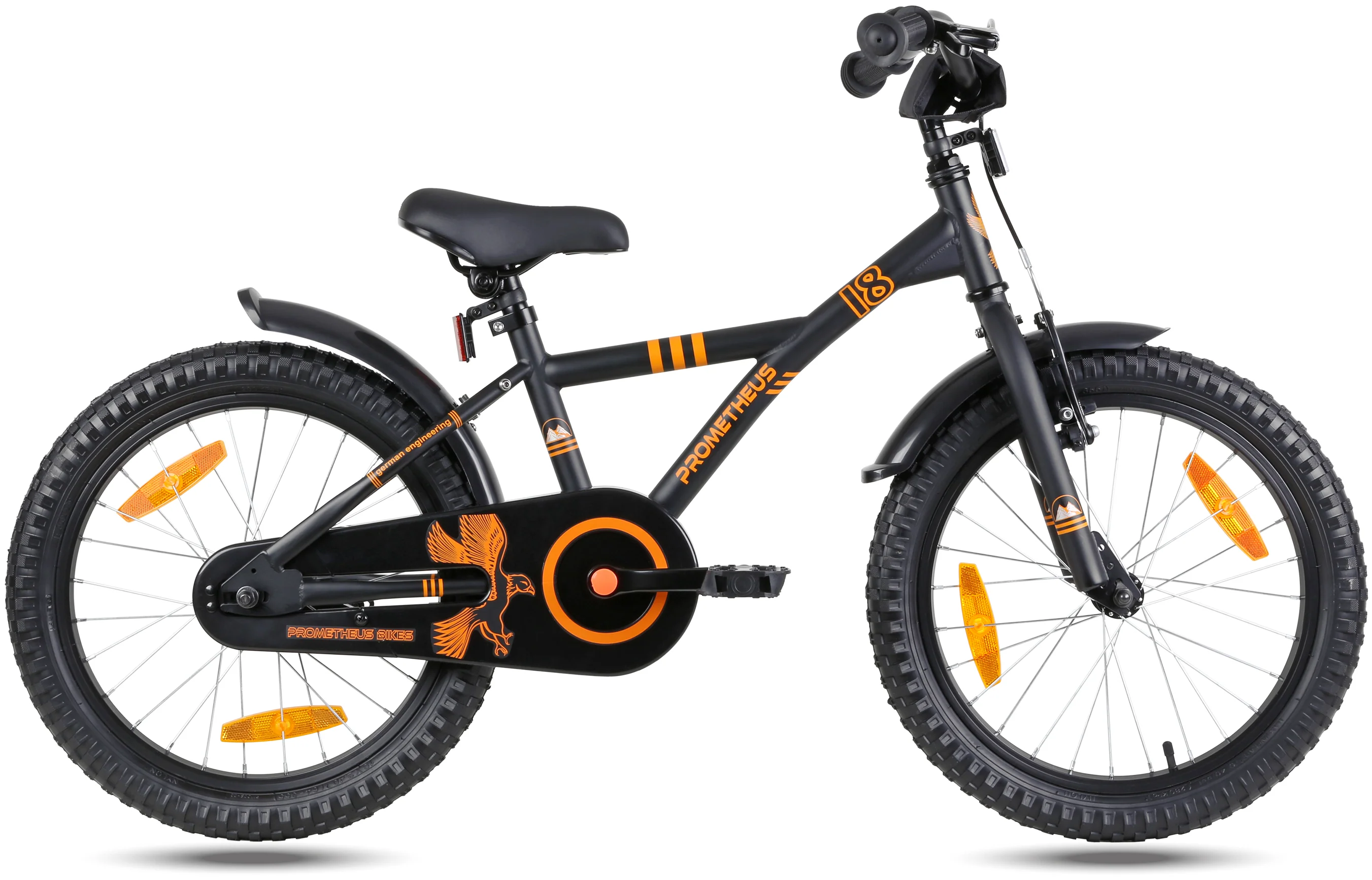 2025 Kinderfiets 18 inch vanaf 5 jaar in Mat Zwart & Oranje