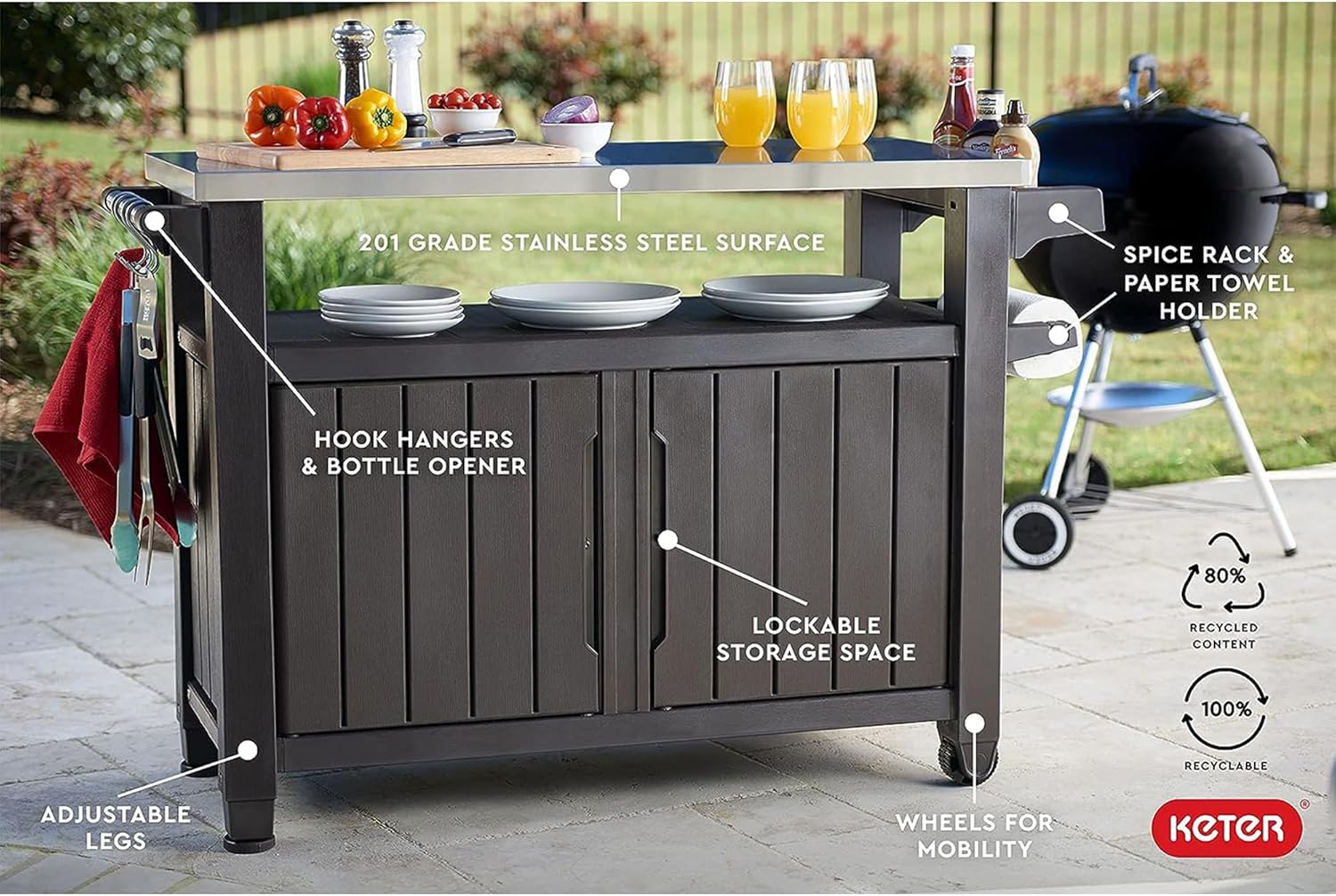 Keter Outdoor Rolling Table Cart voor voedselbereiding, opslag, bar en grill, donkerbruin