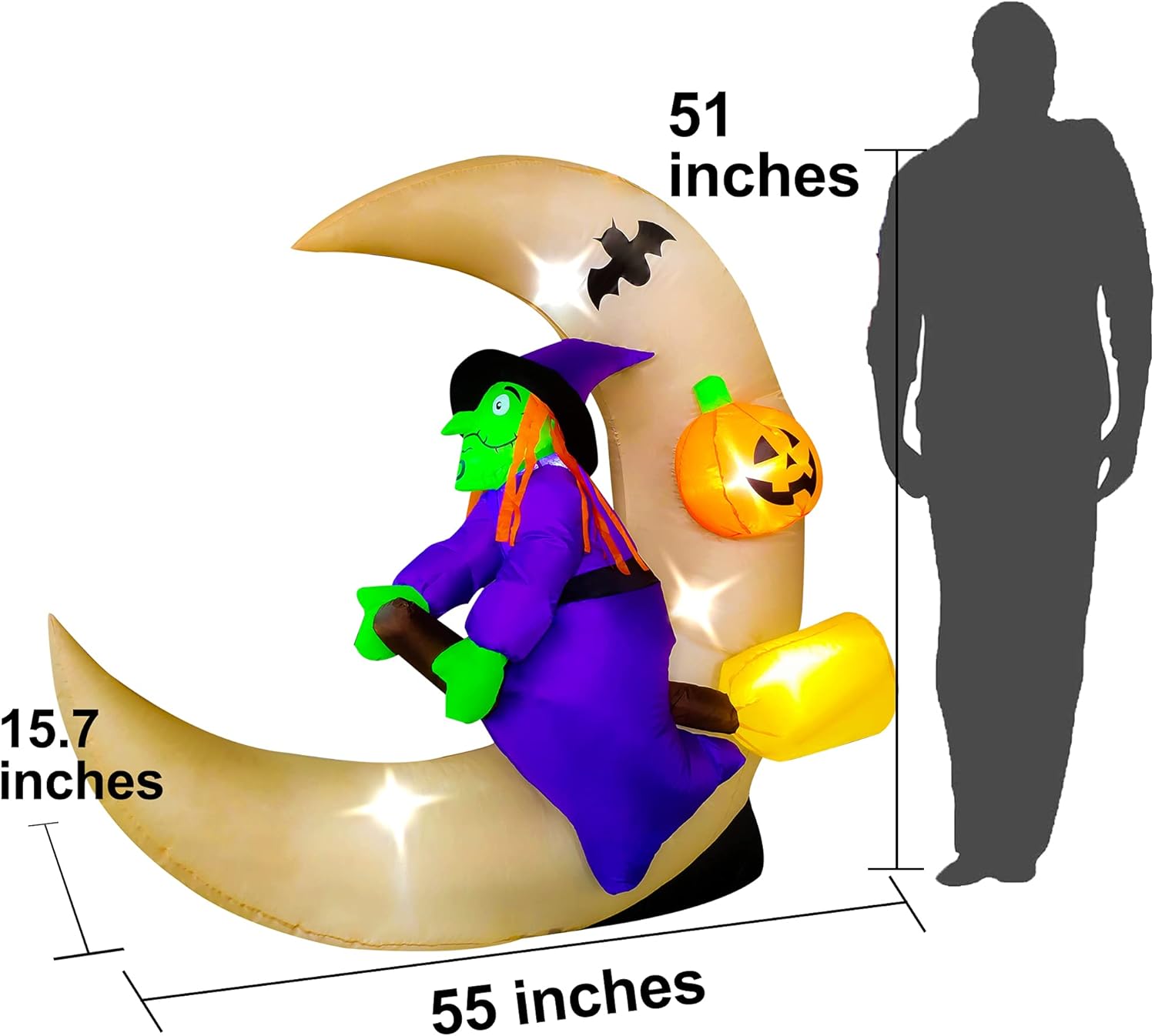 BESTPARTY 4ft Long Halloween Inflatable Witch Sitting on Moon Decoration, LED Blow Up Illuminated Decor Indoor Outdoor Holiday Art Decor Decorations