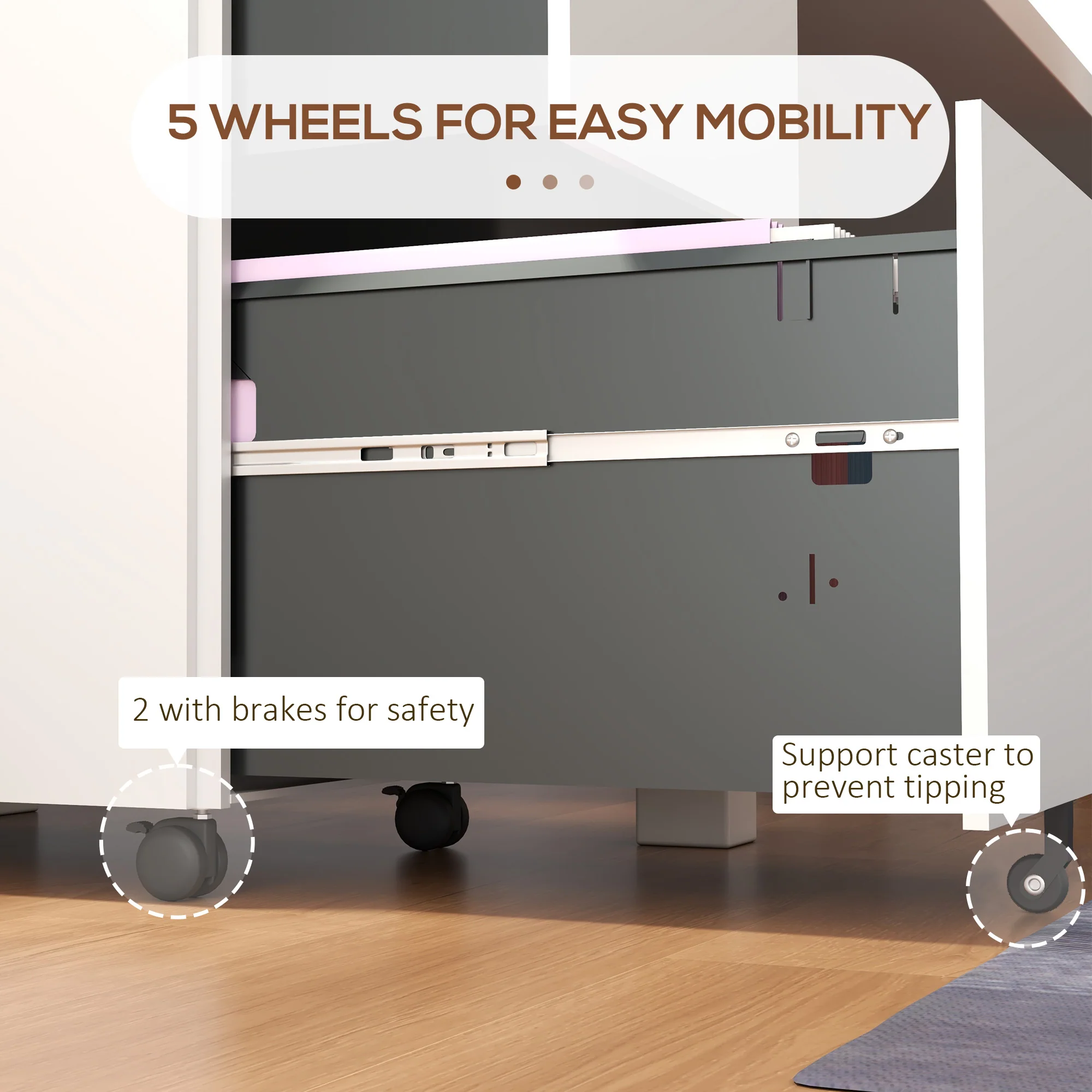 Mobiele stalen archiefkast met 2 laden en slot, lage bureaula, wit