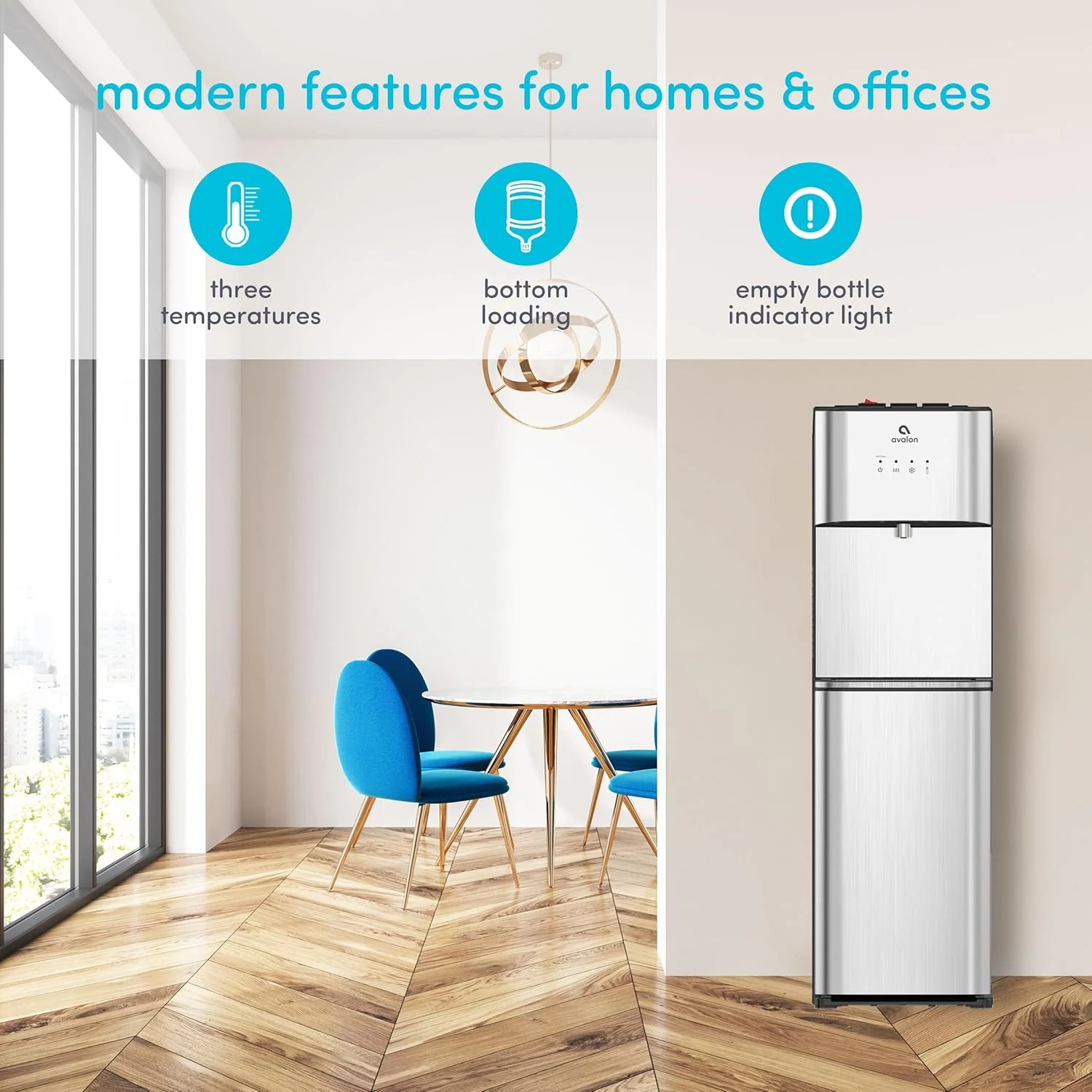 Zelfreinigende waterkoeler met beperkte oplage - 3 temperatuurinstellingen - warm, koud en kamerwater, duurzame roestvrijstalen constructie, bodemvulling - UL-gecertificeerd - Avalon