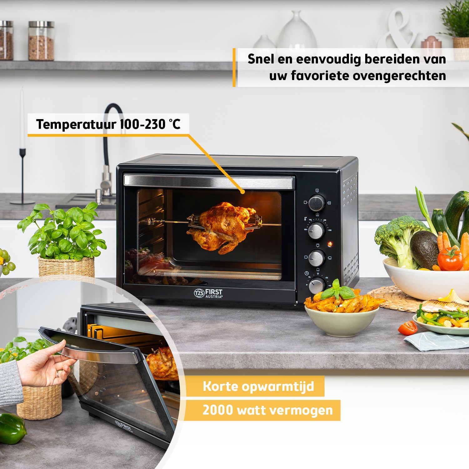 TZS First Austria Mini oven I Convection I 45L I Premium-X Coating (non-stick coating) I Defrost & keep warm I Recipe booklet I Oven Pizza oven Grill