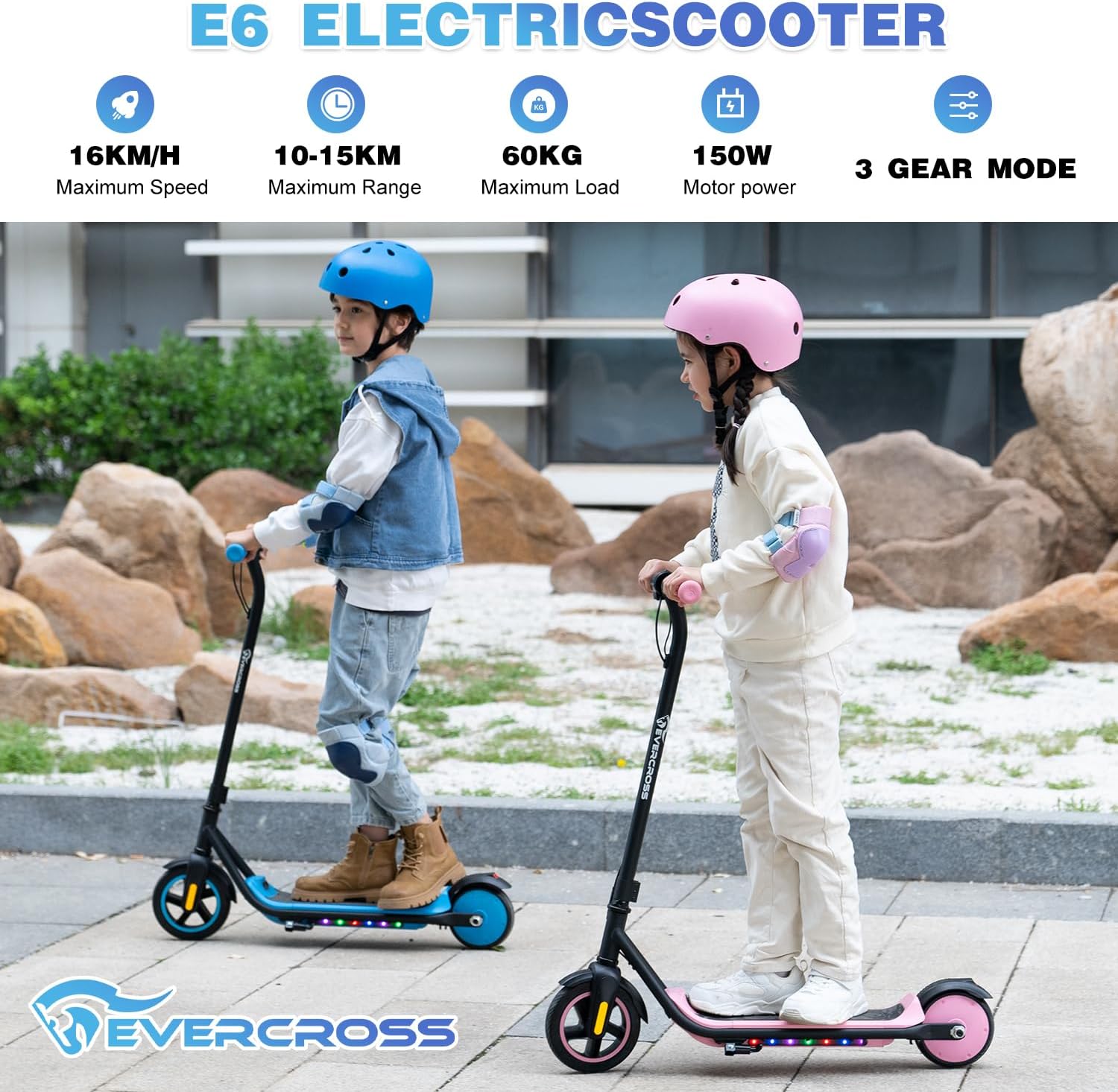 EVERCROSS E6 Electric Scooter, 7'' Electric Scooter for Children 6-12 Years, E Step Scooter for Children with Up to 15km Range and Motor 150W, 3 Speed Modes (8, 12, 16km/h)