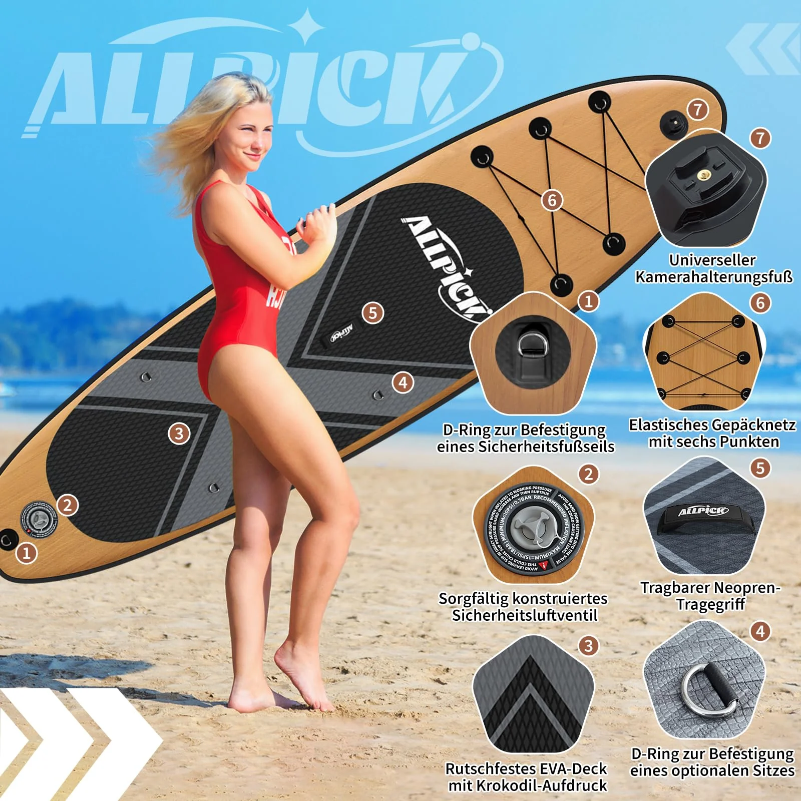 2025 Premium Set ALLPICK SUP Paddleboard, Opblaasbare Paddle Surfplank, met Universele Camerahouder, Complete Accessoires, Verstelbare Peddel, Beginners en Gevorderden, Houtlook Design