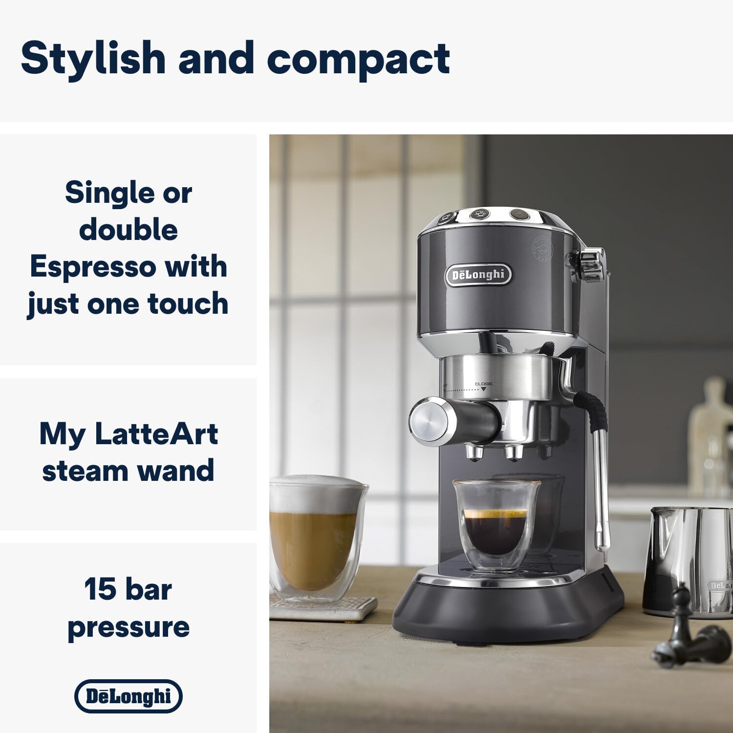 De'Longhi Dedica Style, Traditional Pump Printing Espresso Machine, Coffee and Cappuccino Maker, EC685M, Silver