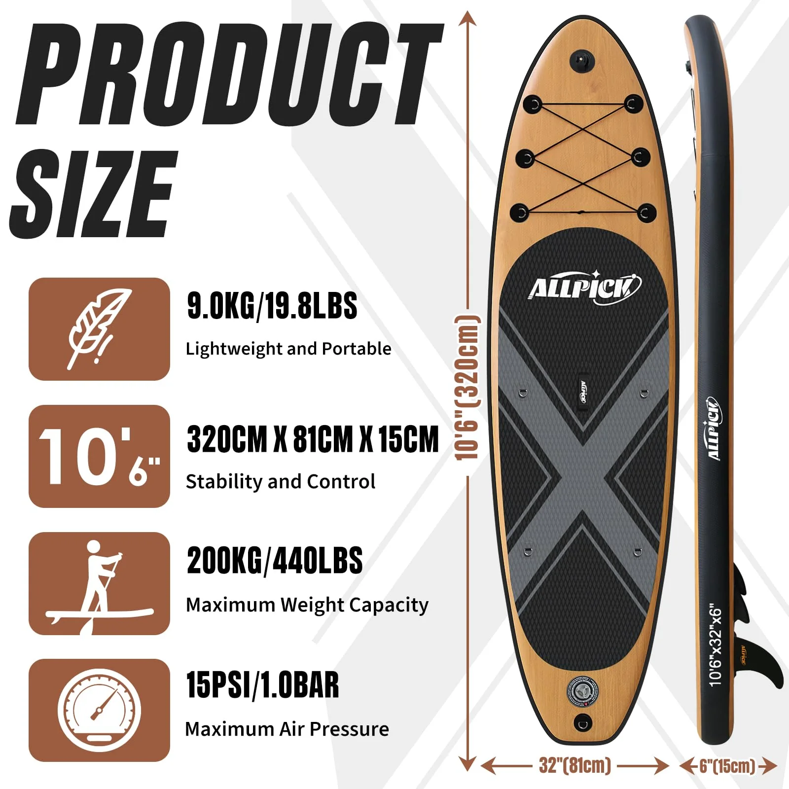 2025 Premium Set ALLPICK SUP Paddleboard, Opblaasbare Paddle Surfplank, met Universele Camerahouder, Complete Accessoires, Verstelbare Peddel, Beginners en Gevorderden, Houtlook Design