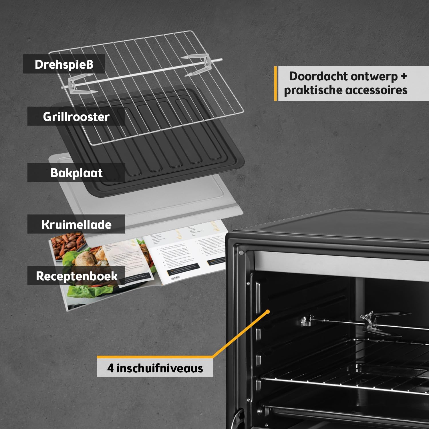 TZS First Austria Mini oven I Convection I 45L I Premium-X Coating (non-stick coating) I Defrost & keep warm I Recipe booklet I Oven Pizza oven Grill