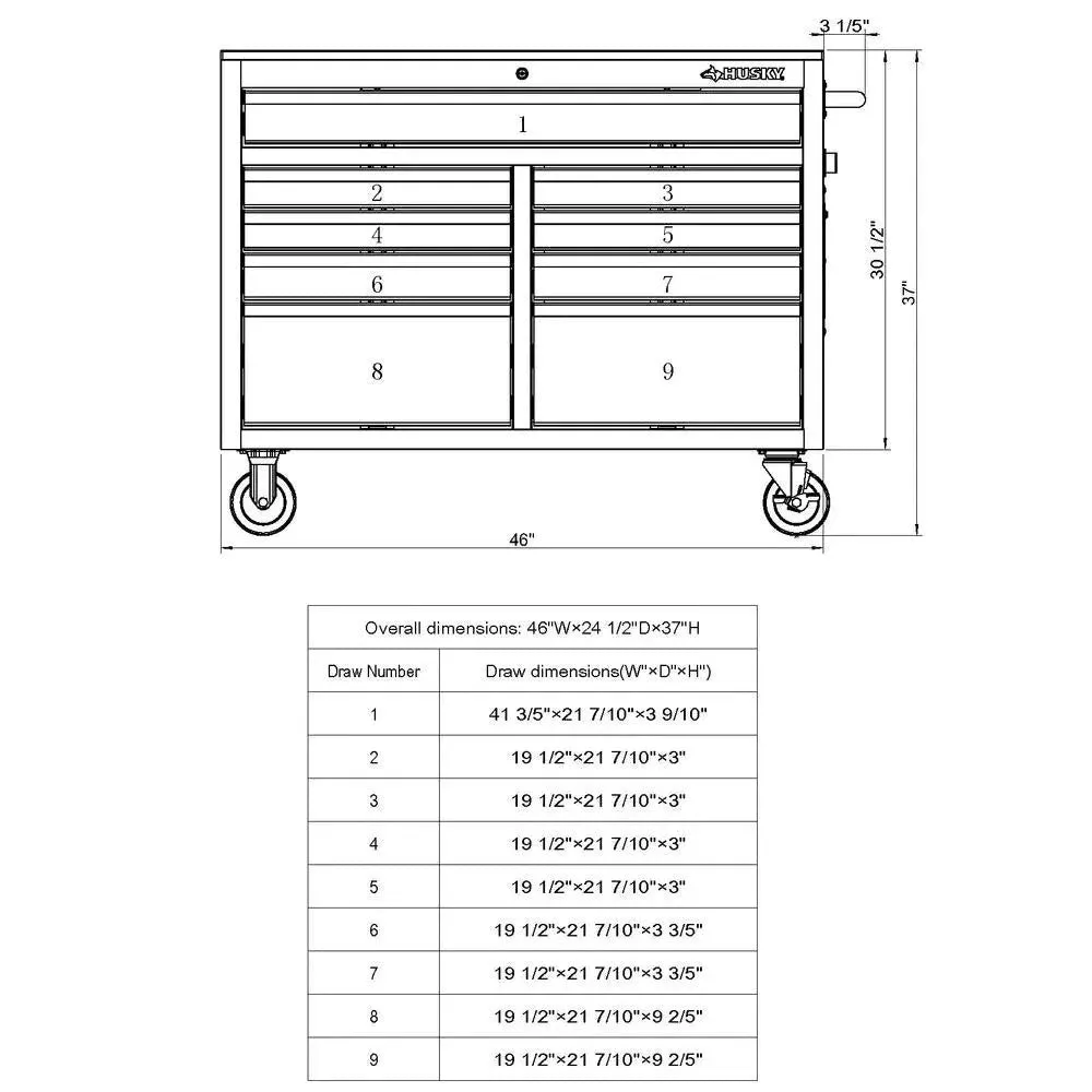 46 inch B x 24 inch D 9-laden hoogglans zwarte diepe gereedschapskist mobiele werkbank