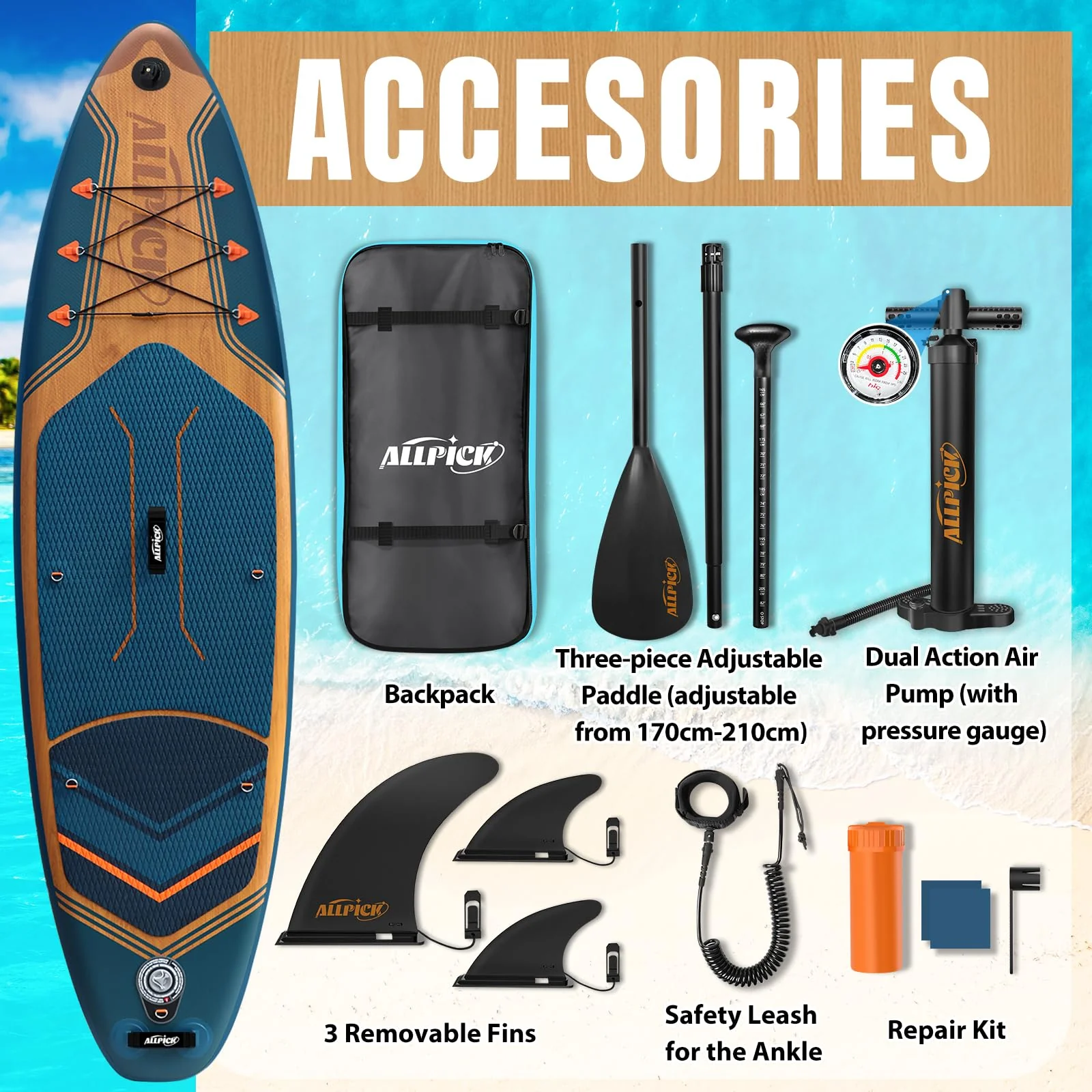 2025 Premium Set ALLPICK SUP Paddleboard, Opblaasbare Paddle Surfplank, met Universele Camerahouder, Complete Accessoires, Verstelbare Peddel, Beginners en Gevorderden, 172 kg, Marineblauw