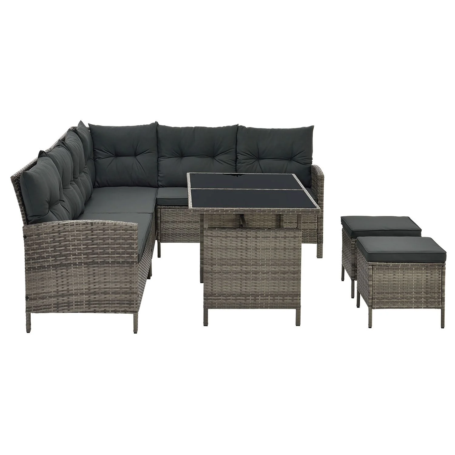 2025 Stijlvolle zwarte Polyrattan lounge Manacor met tafel, 2 krukken en donkergrijze hoezen