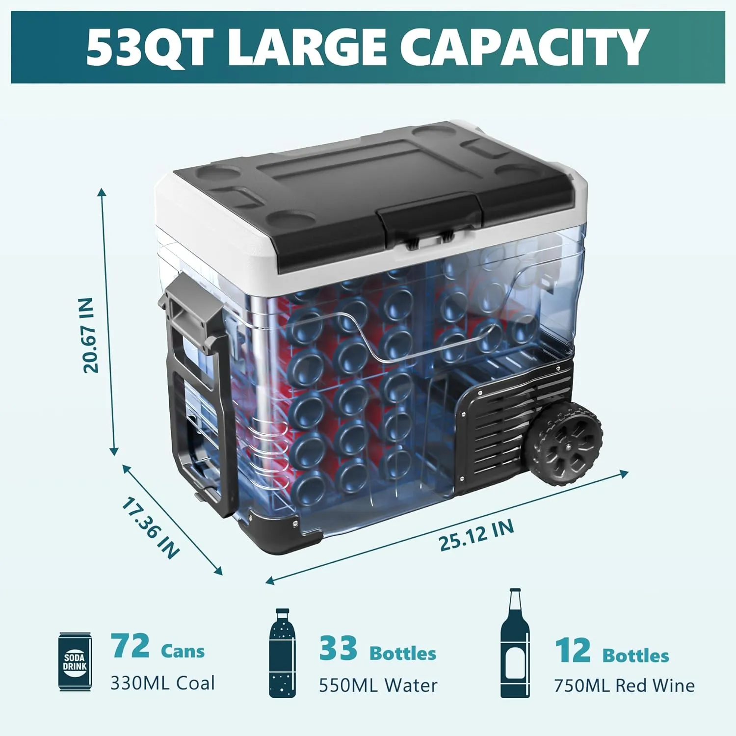 12 Volt Refrigerator, 53QT(50L) Electric Cooler, Portable Freezer 12V/24V DC 110-240V AC, 12V Fridge -4H~68H, 12V Cooler with Wheels & 2 Baskets for Travel, Truck, Boat, Camping