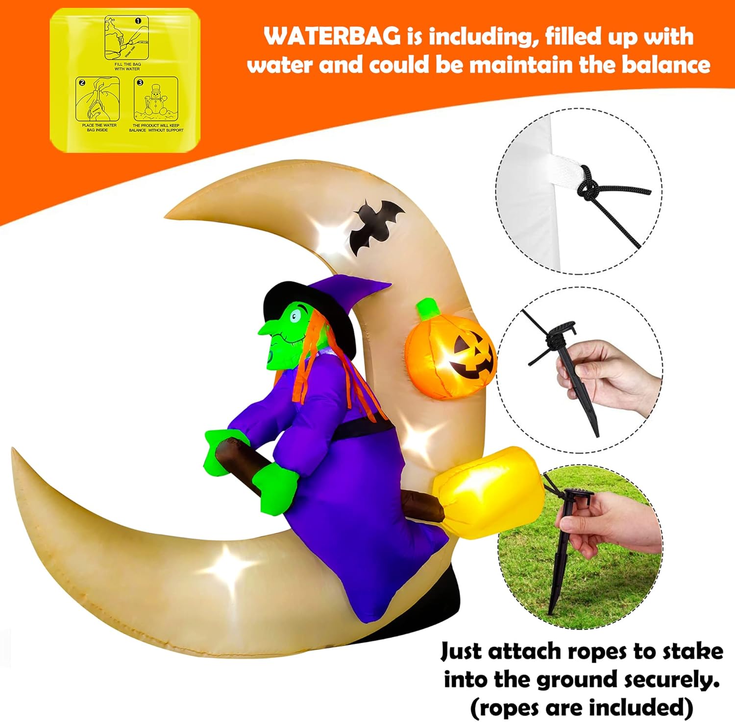BESTPARTY 4ft Long Halloween Inflatable Witch Sitting on Moon Decoration, LED Blow Up Illuminated Decor Indoor Outdoor Holiday Art Decor Decorations