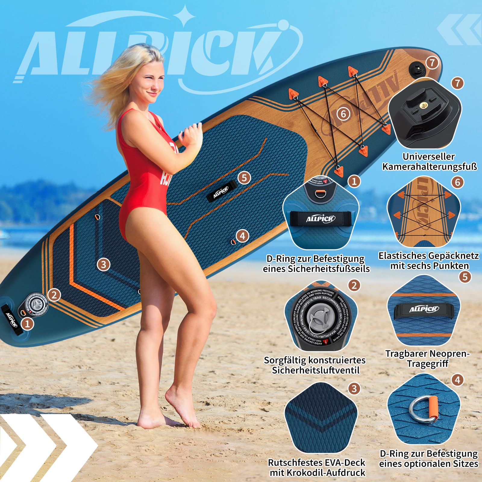 2025 Premium Set ALLPICK SUP Paddleboard, Opblaasbare Paddle Surfplank, met Universele Camerahouder, Complete Accessoires, Verstelbare Peddel, Beginners en Gevorderden, 172 kg, Marineblauw