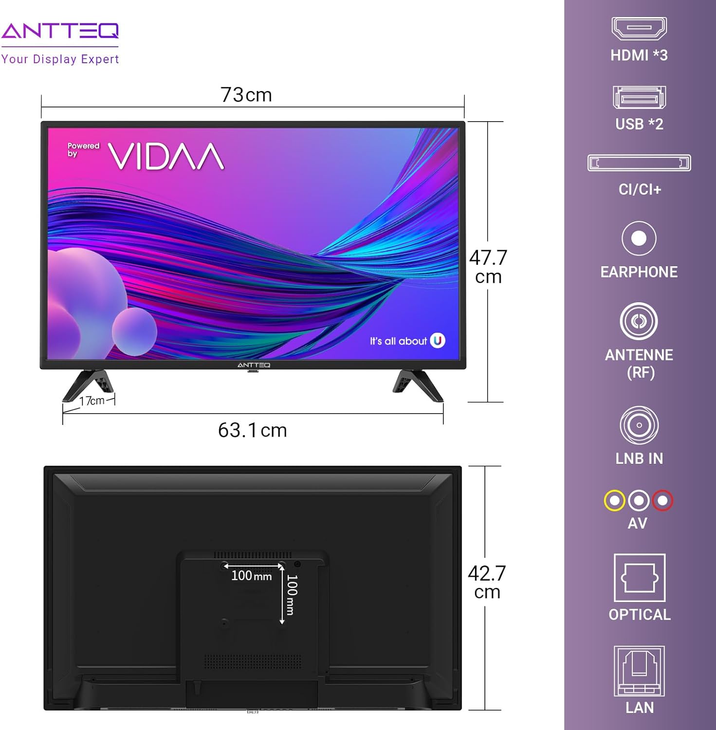 ANTTEQ AB42D1 TV 42 Inch (TV 106 cm), Dolby Audio, LED, HDMI, Media Player via USB, Digital Audio Output, Triple Tuner DVB-C/T2/S2, CI+, Hotel Mode Included