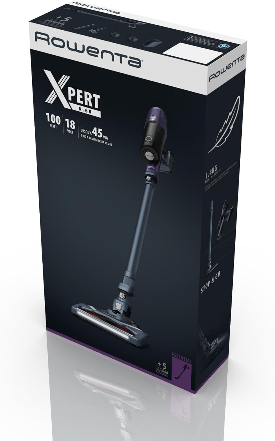 Rowenta X-pert 6.60 Essential RH6838, Cordless Stick Vacuum Cleaner, Automatic Speed Settings, Up to 45 Minutes Autonomy, Removable Battery, Lightweight Design, Dust Thief
