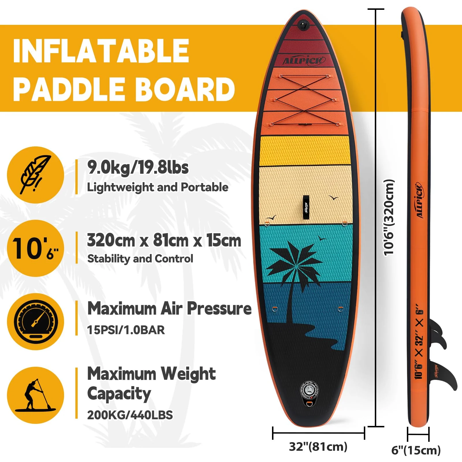 2025 Premium Set ALLPICK SUP Paddleboard, Opblaasbare Paddle Surfplank, met Universele Camerahouder, Complete Accessoires, Verstelbare Peddel, Beginners en Gevorderden, 150 kg/180 kg, Kleur Zonsondergang Oranje