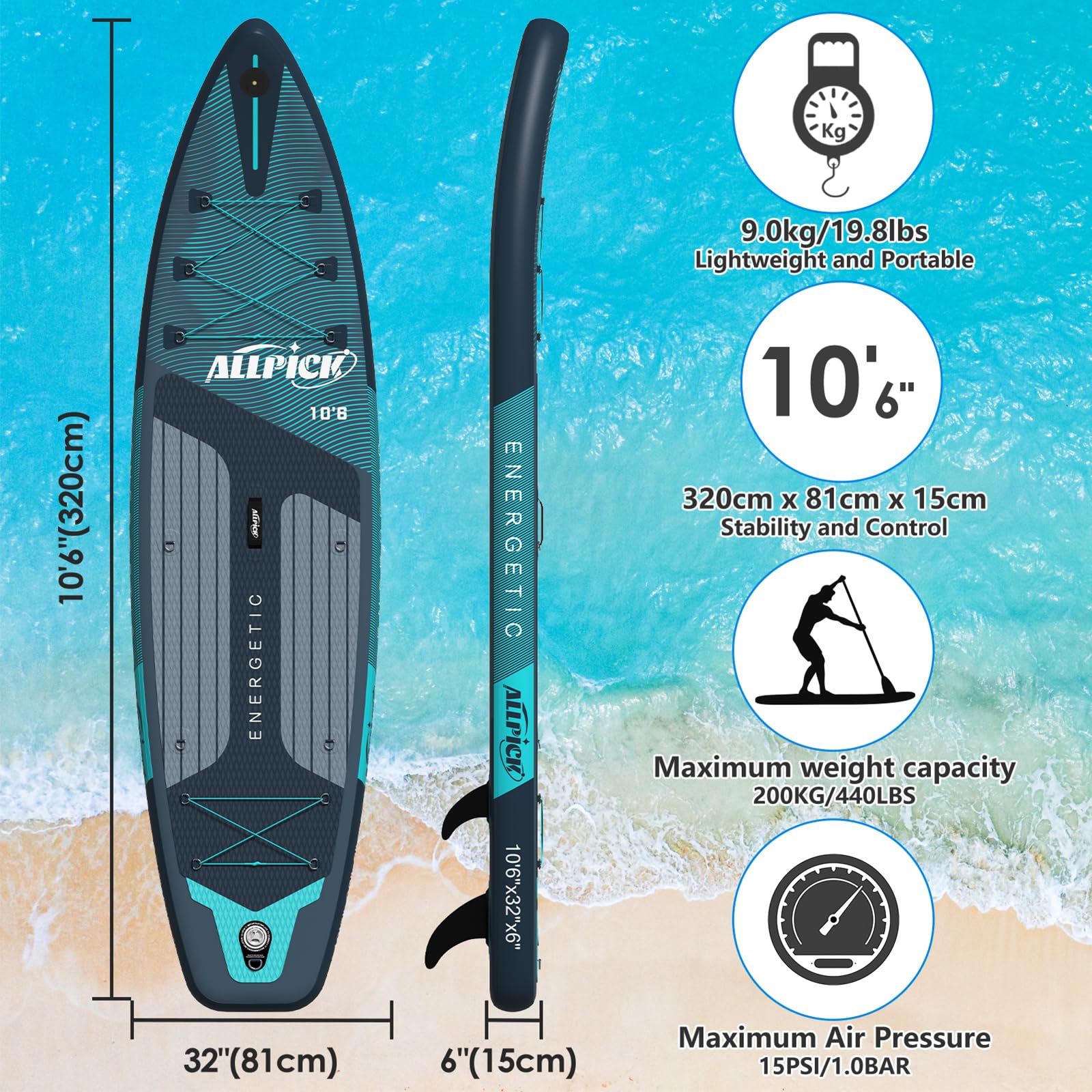 2025 Premium Set ALLPICK SUP Paddleboard, Opblaasbare Paddle Surfplank, met Universele Camerahouder, Complete Accessoires, Verstelbare Peddel, Beginners en Gevorderden, 180 kg (Premium Groen)