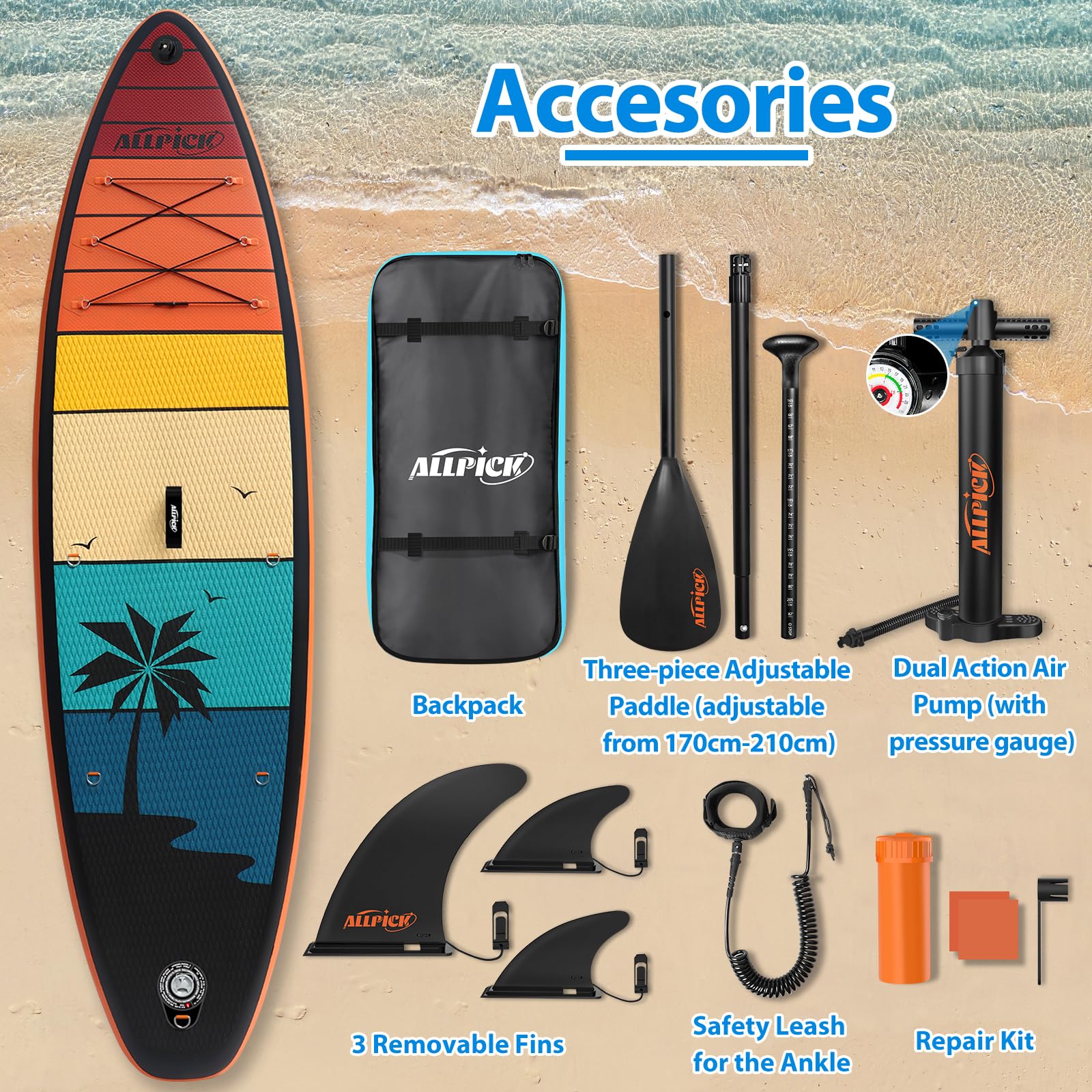 2025 Premium Set ALLPICK SUP Paddleboard, Opblaasbare Paddle Surfplank, met Universele Camerahouder, Complete Accessoires, Verstelbare Peddel, Beginners en Gevorderden, 150 kg/180 kg, Kleur Zonsondergang Oranje