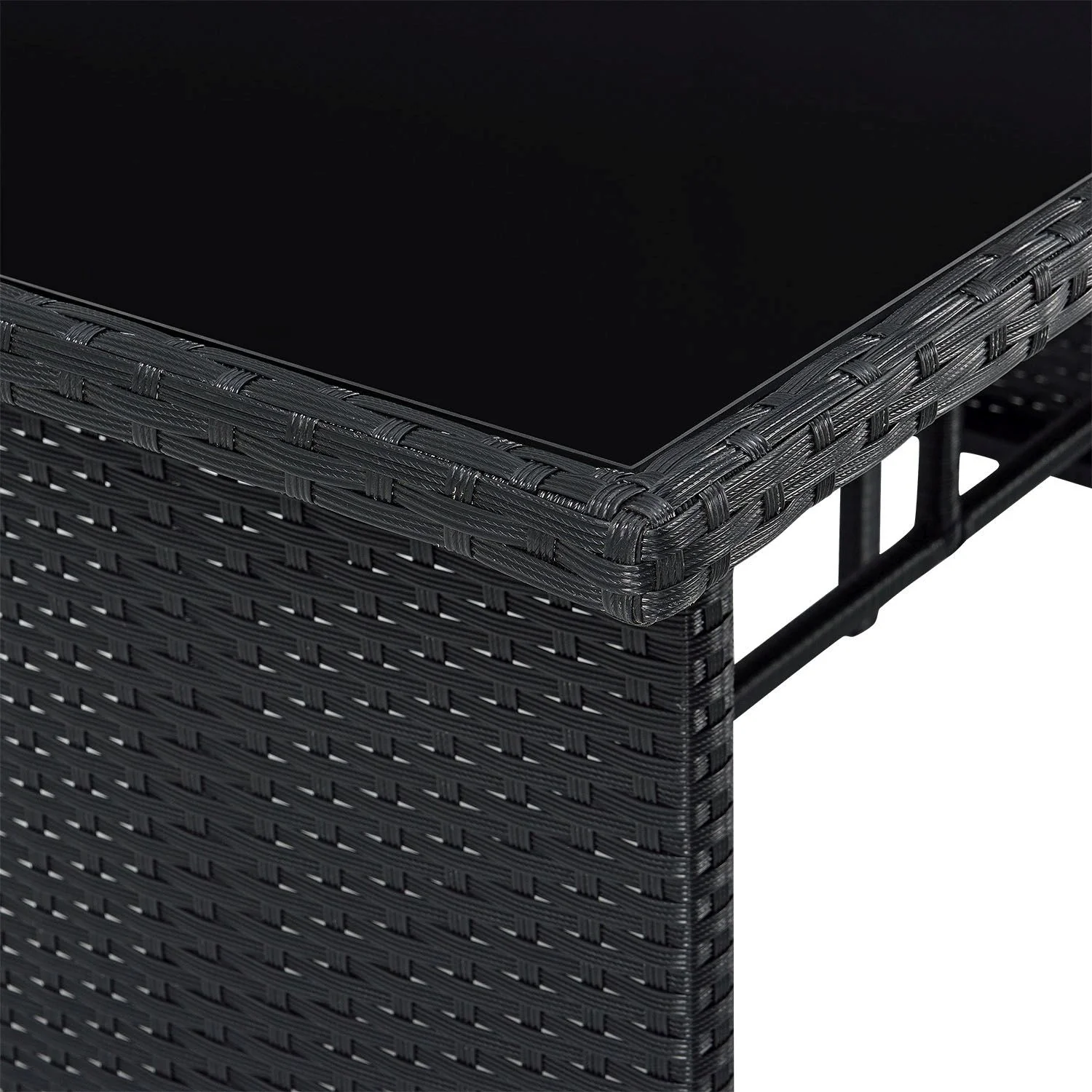 2025 Stijlvolle zwarte Polyrattan lounge Manacor met tafel, 2 krukken en donkergrijze hoezen