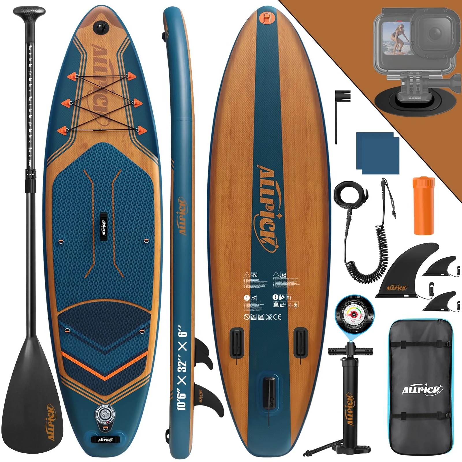 2025 Premium Set ALLPICK SUP Paddleboard, Opblaasbare Paddle Surfplank, met Universele Camerahouder, Complete Accessoires, Verstelbare Peddel, Beginners en Gevorderden, 172 kg, Marineblauw