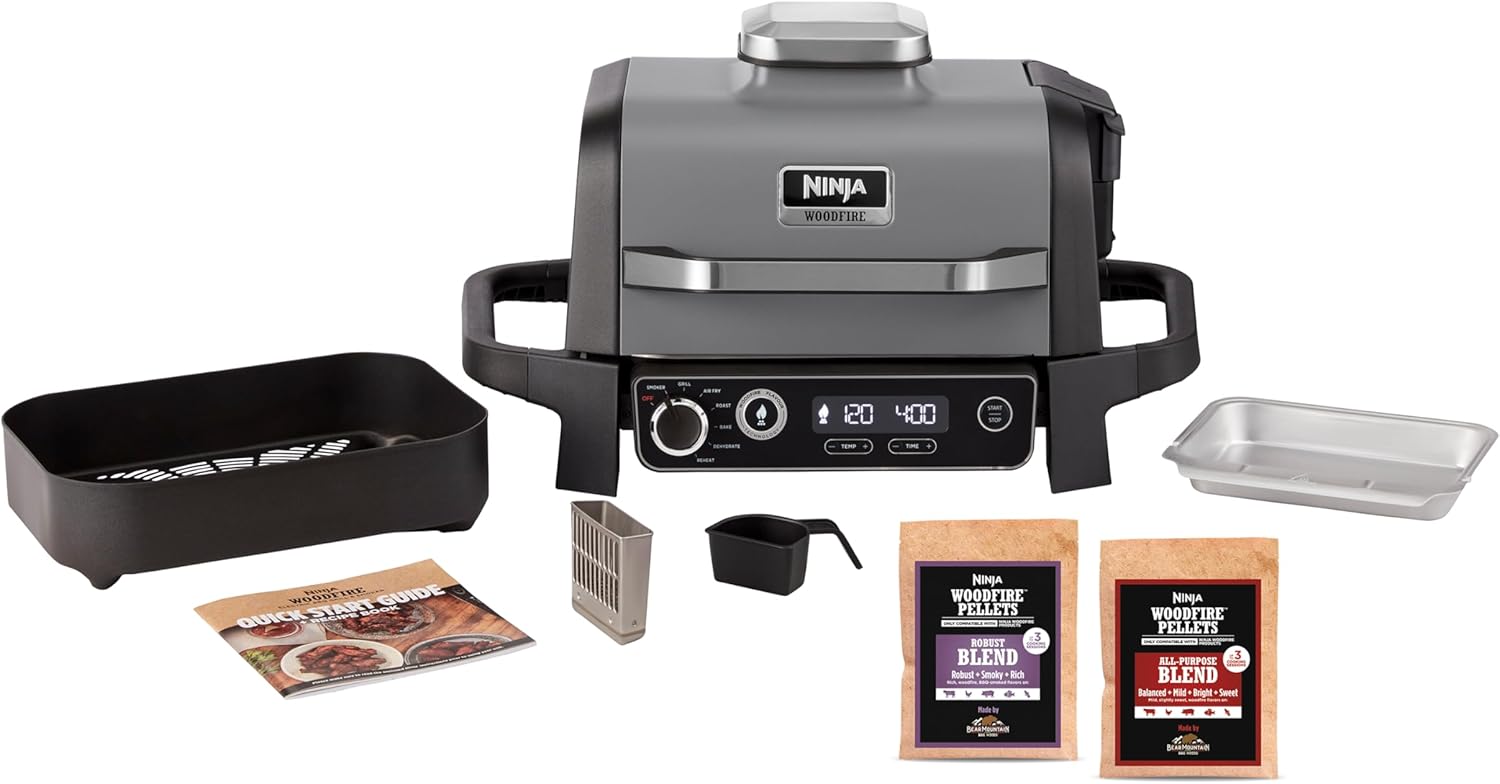 Ninja Woodfire Pro Connect XL Electric BBQ Grill & Smoker with App Control, Digital Sensor, Large 7-in-1 Grill & Air Fryer with Wood Fire Pellets, Weatherproof, Black OG901EU