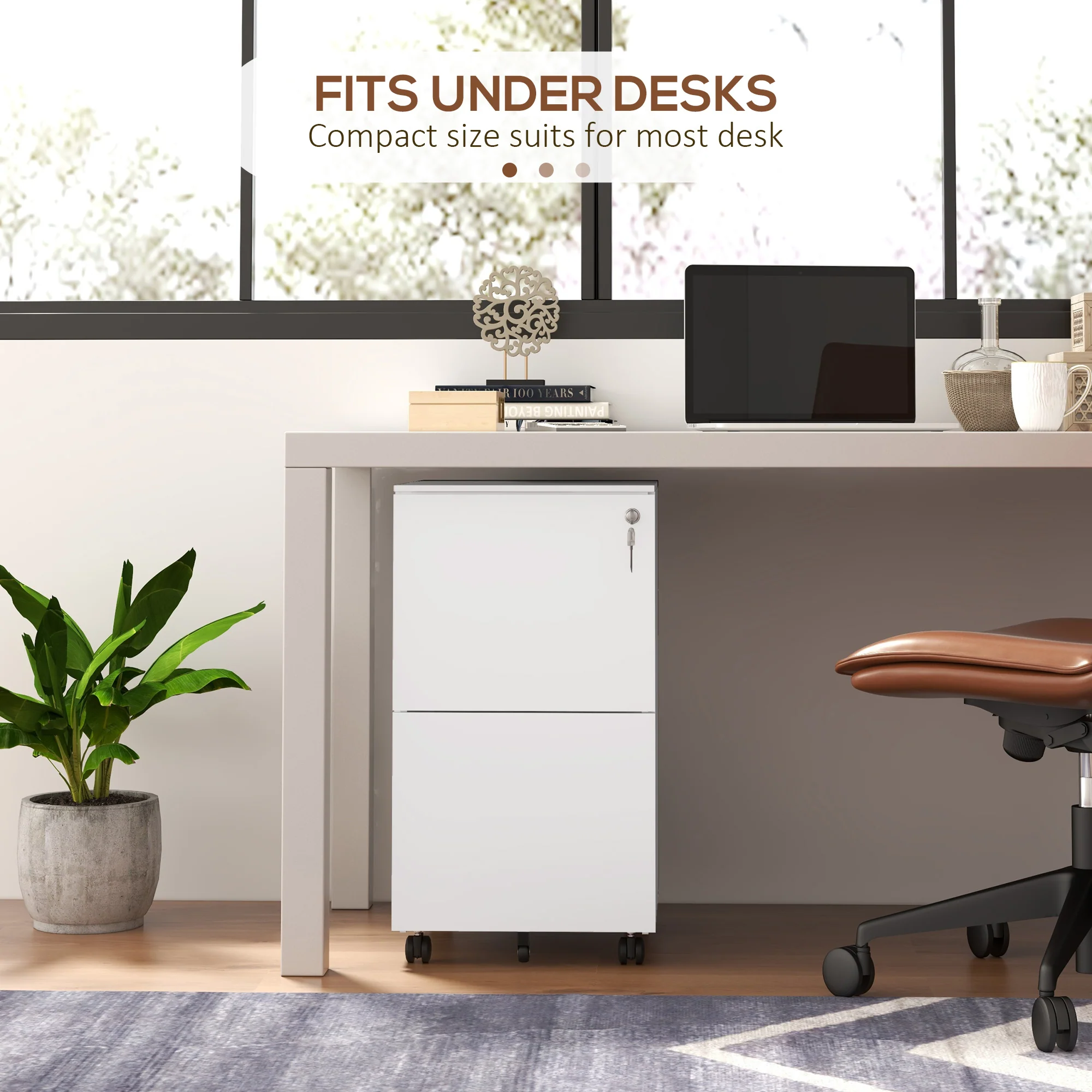 Mobiele stalen archiefkast met 2 laden en slot, lage bureaula, wit