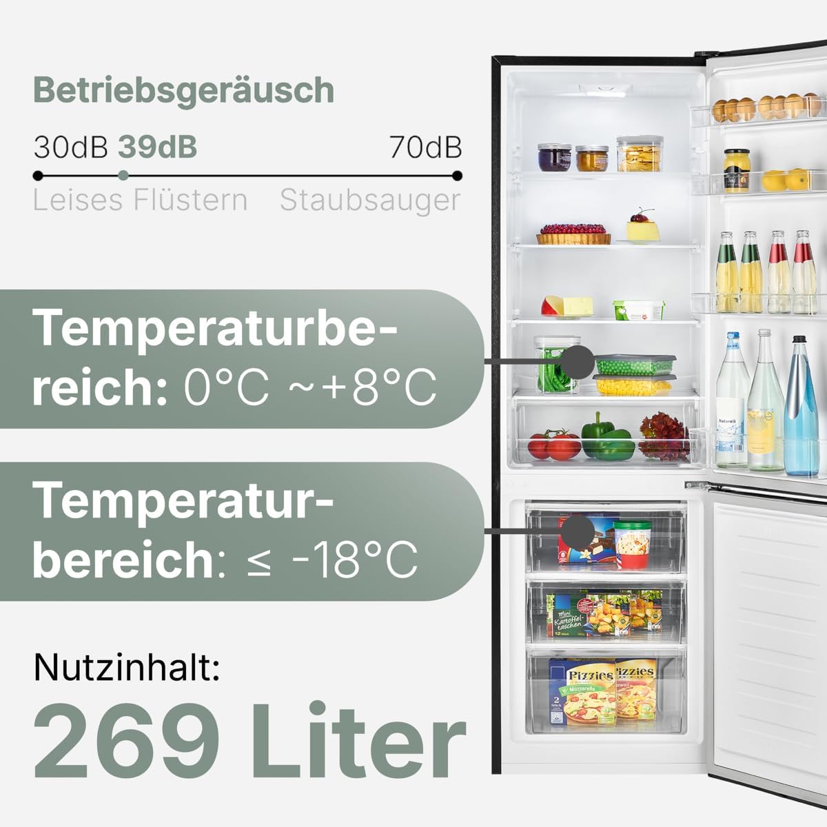 Bomann  Fridge-freezer, 269 l capacity - cooling: 198 L | freezing: 71 l, energy saving, quiet 39 dB, LED, interchangeable door stop, height: 180 x width: 55 x depth: 56 cm - KG 184.1 inox
