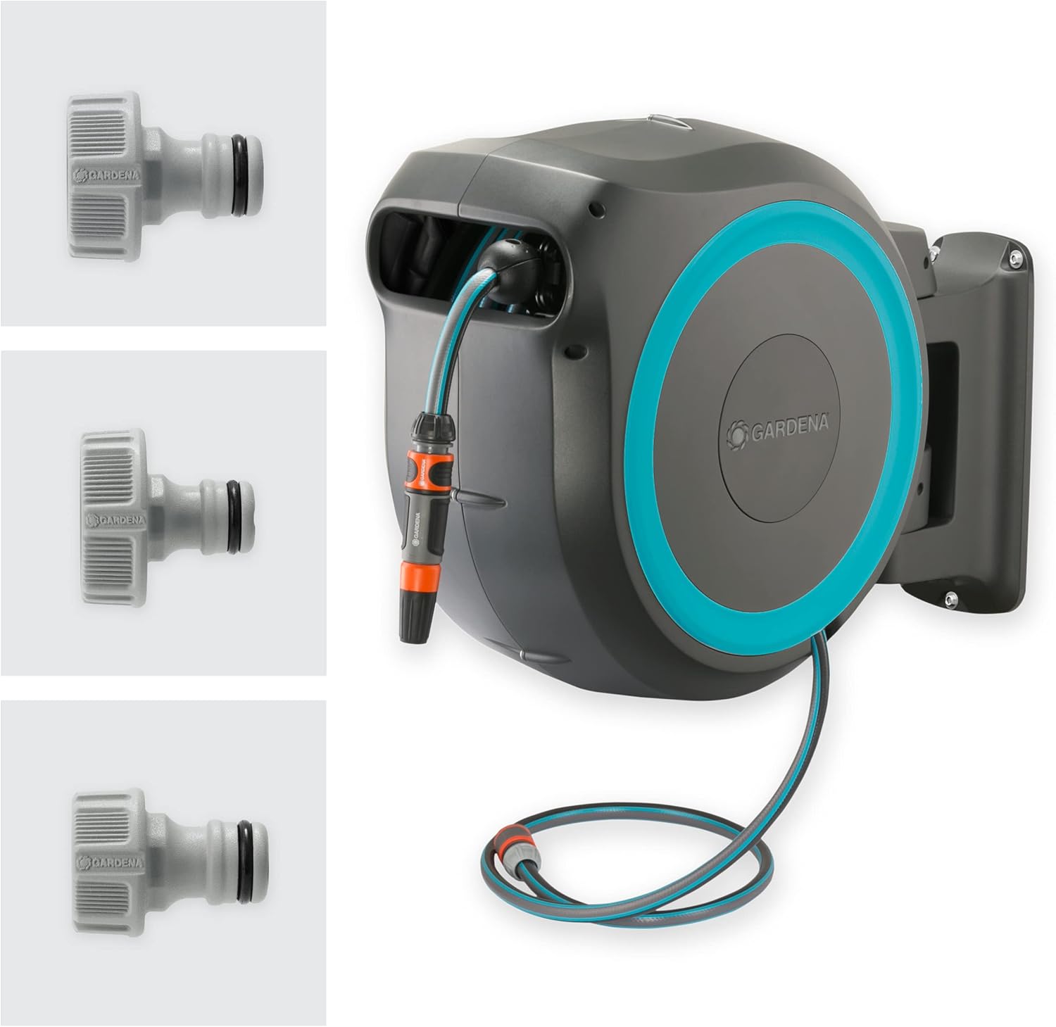 Gardena Wall-Mounted Hose Box RollUp M/L (White) 25 m: Flexible Watering for Medium to Large Gardens, Swivelling Hose Box, Includes 25 m Gardena Quality Hose and Mounting Tool (18622-20)