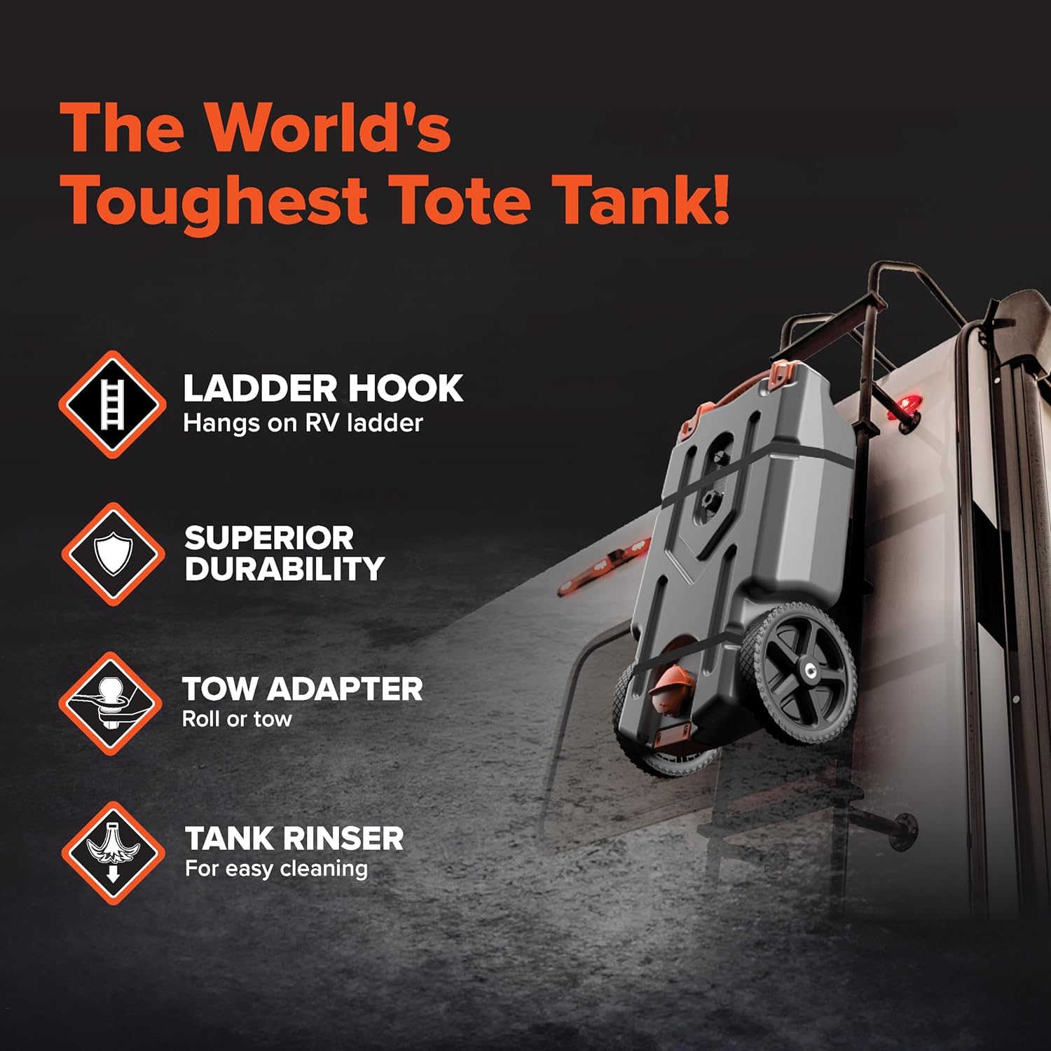 Draagbare camper-/campertank van 36 gallon - Met grote, robuuste wielen die lekvrij zijn en een ingebouwde afsluiter - Verwijderbare stalen trekadapter, 3-delige camper-rioolslang en meer camperaccessoires (39006)