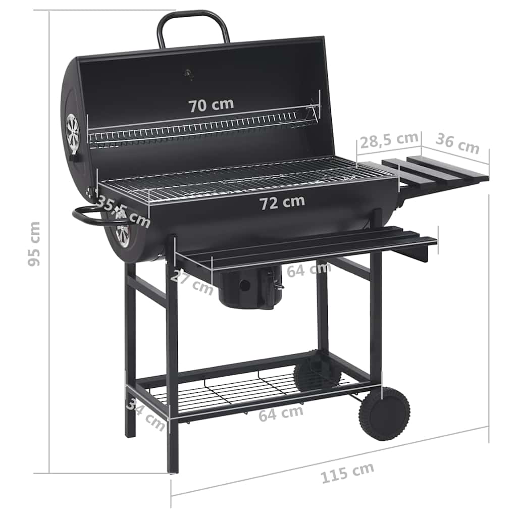 2025 Grillwagen met wielen en legplanken Zwart Staal 115x85x95 cm Buitenbarbecue