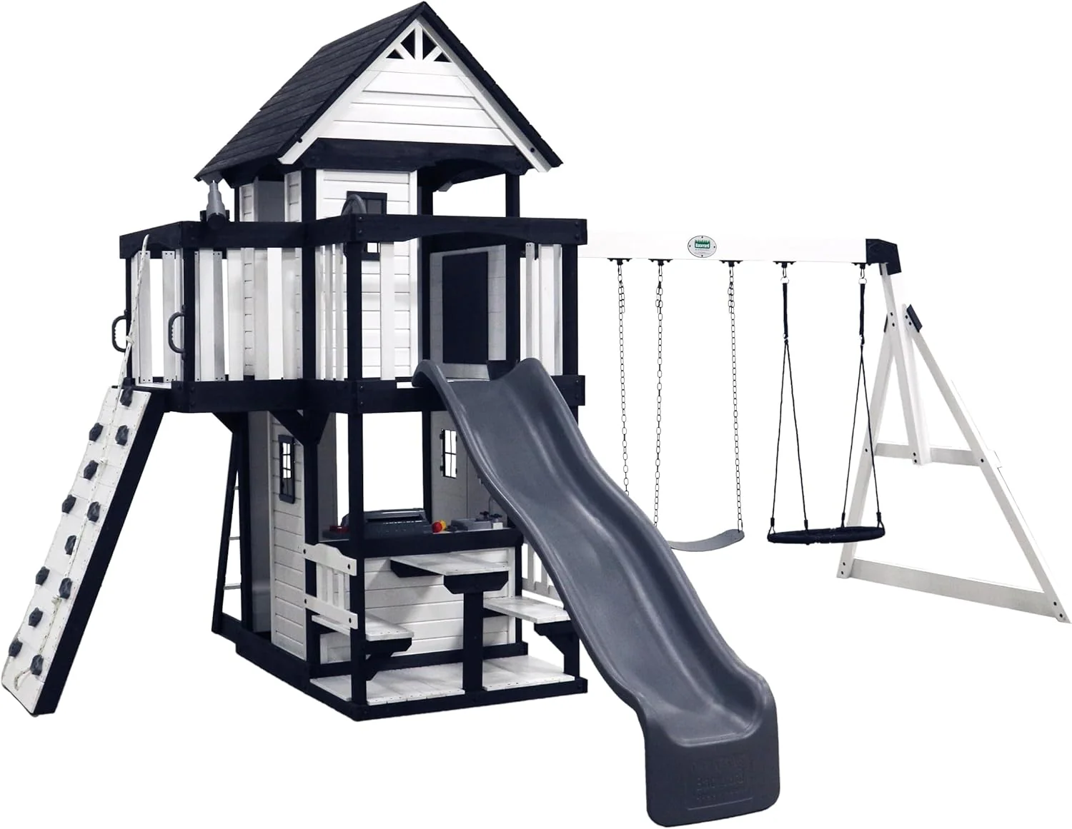 Backyard Discovery Canyon Creek cederhouten schommelset met golvende glijbaan, clubhuis, speelkeuken, picknickplaats, schommels met gordel, webschommel, klimwand, balkons, speelhuis, trapladder, buitenspeeltoestel