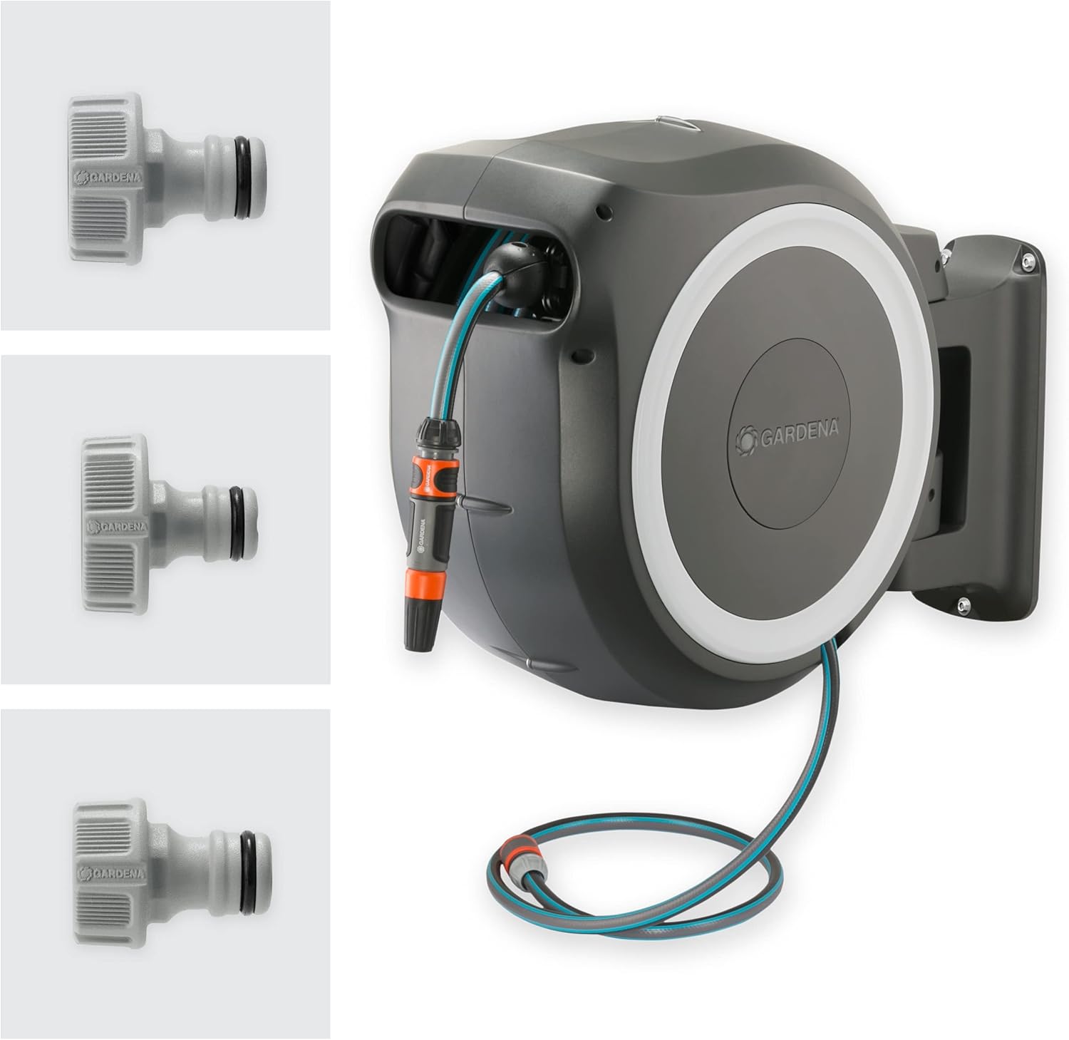 Gardena Wall-Mounted Hose Box RollUp M/L (White) 25 m: Flexible Watering for Medium to Large Gardens, Swivelling Hose Box, Includes 25 m Gardena Quality Hose and Mounting Tool (18622-20)