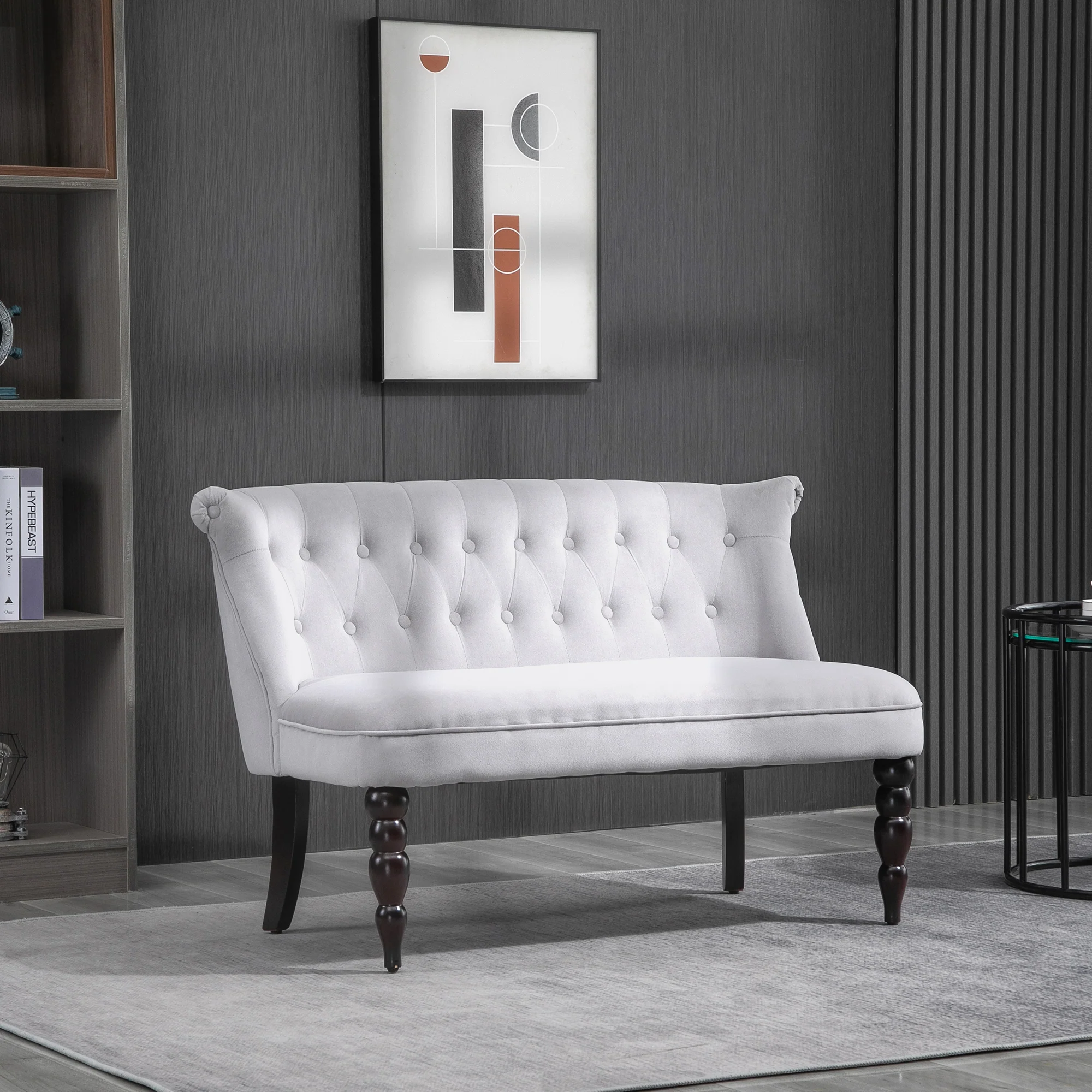 Vintage design fauteuil voor twee personen, loungefauteuil met capitonn��, gebeeldhouwde poten en houten frame, grijs