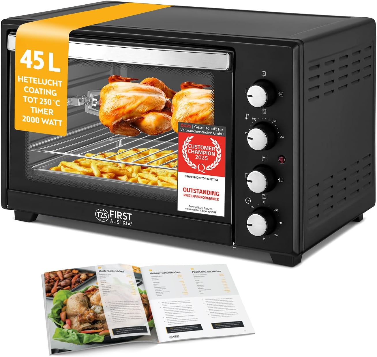 TZS First Austria Mini oven I Convection I 45L I Premium-X Coating (non-stick coating) I Defrost & keep warm I Recipe booklet I Oven Pizza oven Grill