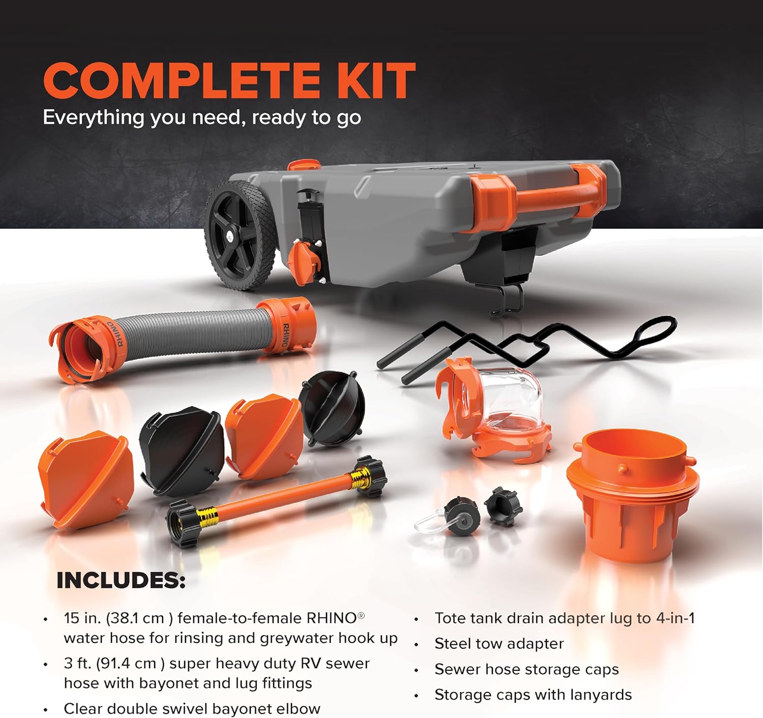 Draagbare camper-/campertank van 36 gallon - Met grote, robuuste wielen die lekvrij zijn en een ingebouwde afsluiter - Verwijderbare stalen trekadapter, 3-delige camper-rioolslang en meer camperaccessoires (39006)