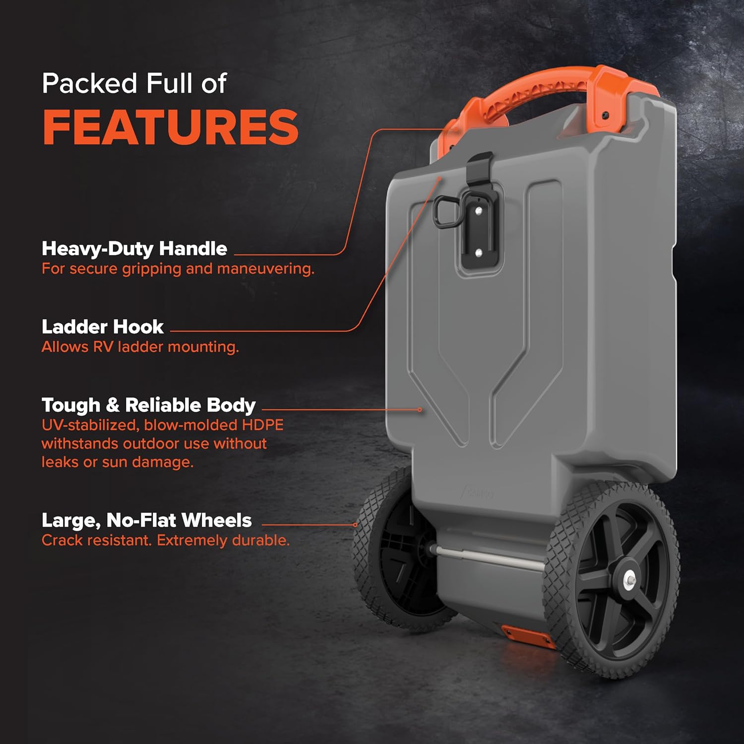 Draagbare camper-/campertank van 36 gallon - Met grote, robuuste wielen die lekvrij zijn en een ingebouwde afsluiter - Verwijderbare stalen trekadapter, 3-delige camper-rioolslang en meer camperaccessoires (39006)