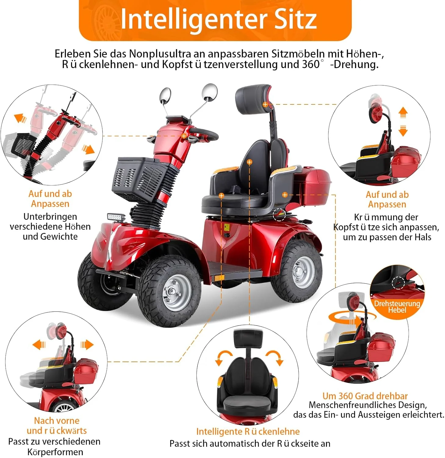 2025 ZVGREEN 4-wiel mobiliteitsscooter voor senioren �C Kapiteinsstoel, max. 15 km/u, ruime opbergruimte, draaibare stoel, elektromagnetische rem