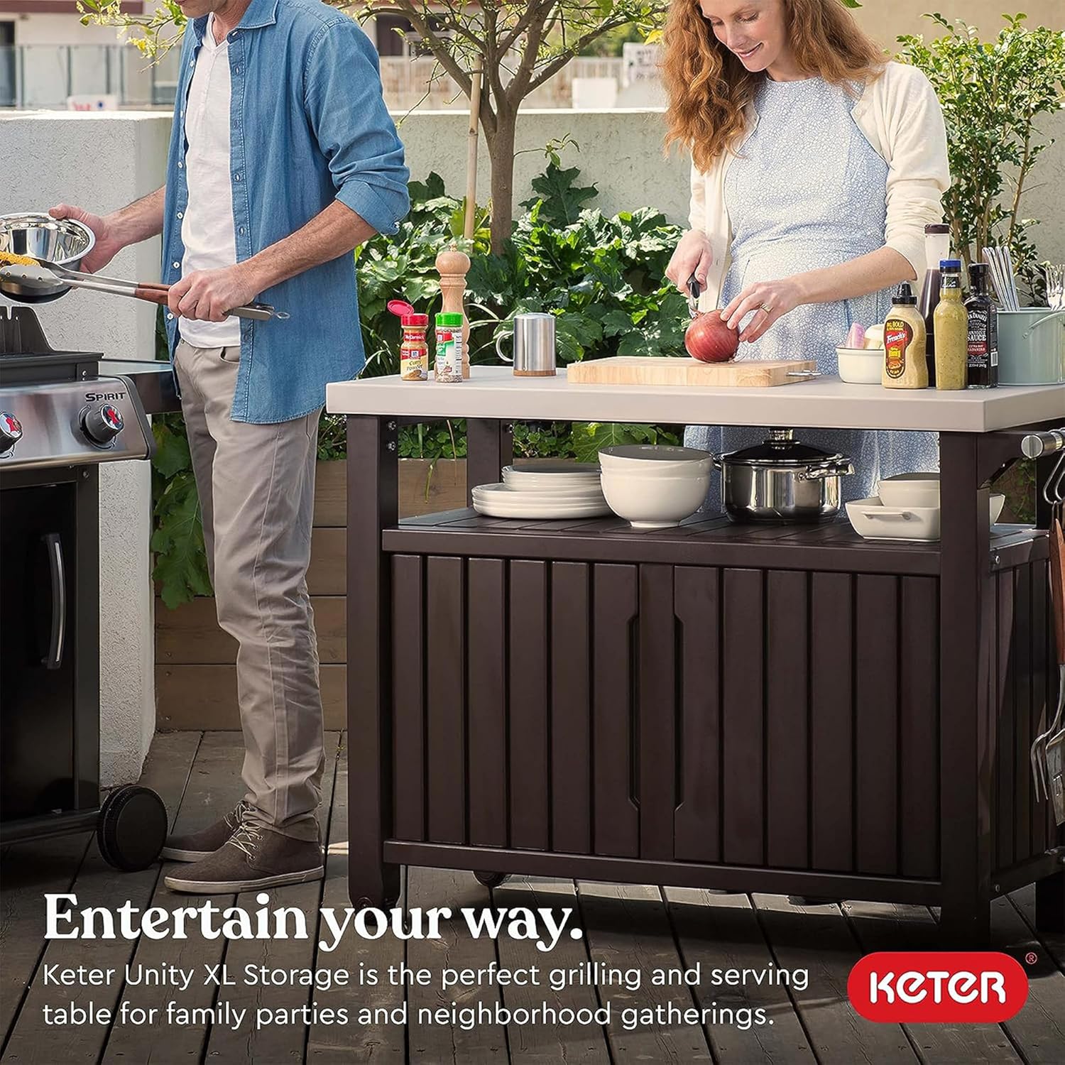 Keter Outdoor Rolling Table Cart voor voedselbereiding, opslag, bar en grill, donkerbruin