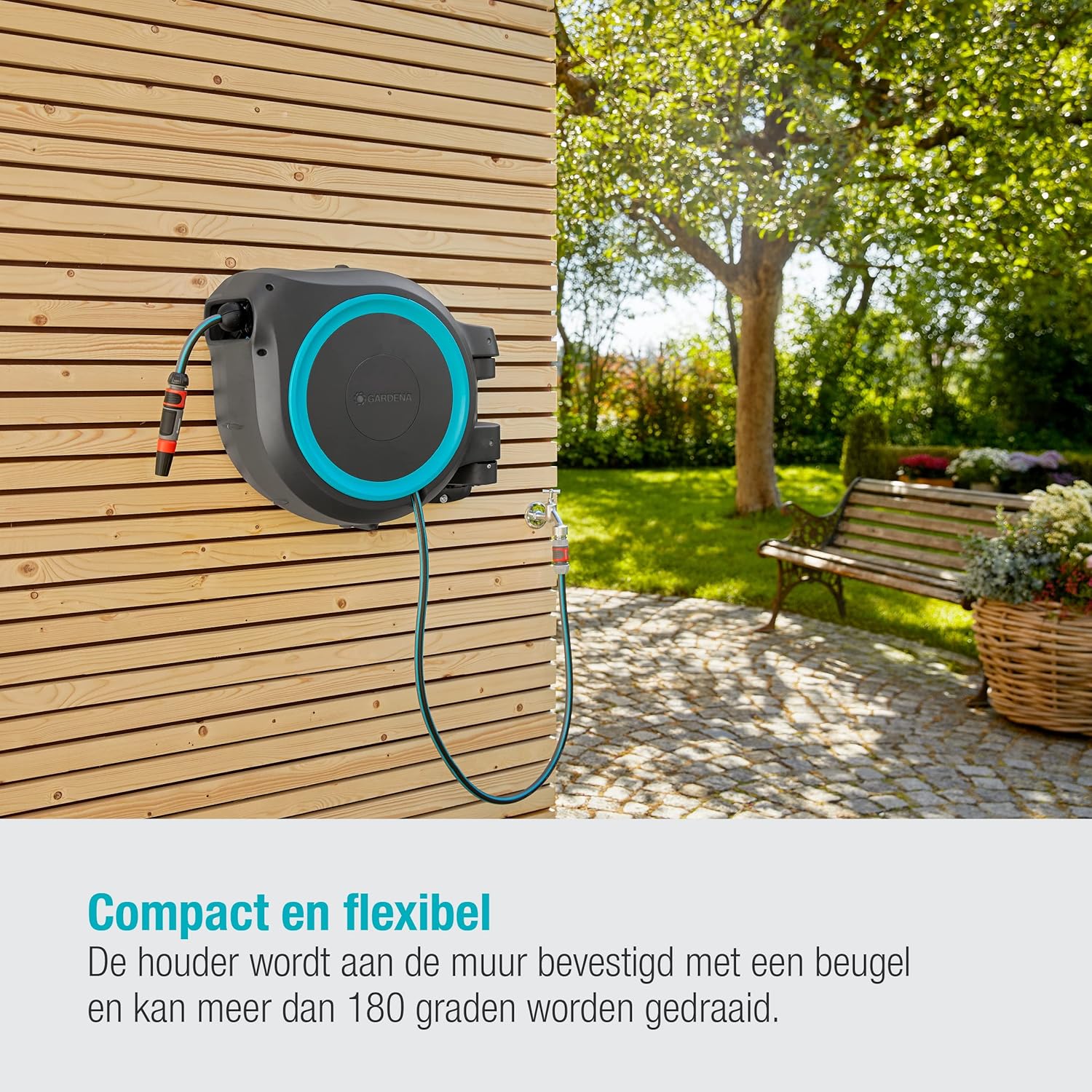 Gardena Wall-Mounted Hose Box RollUp M/L (White) 25 m: Flexible Watering for Medium to Large Gardens, Swivelling Hose Box, Includes 25 m Gardena Quality Hose and Mounting Tool (18622-20)