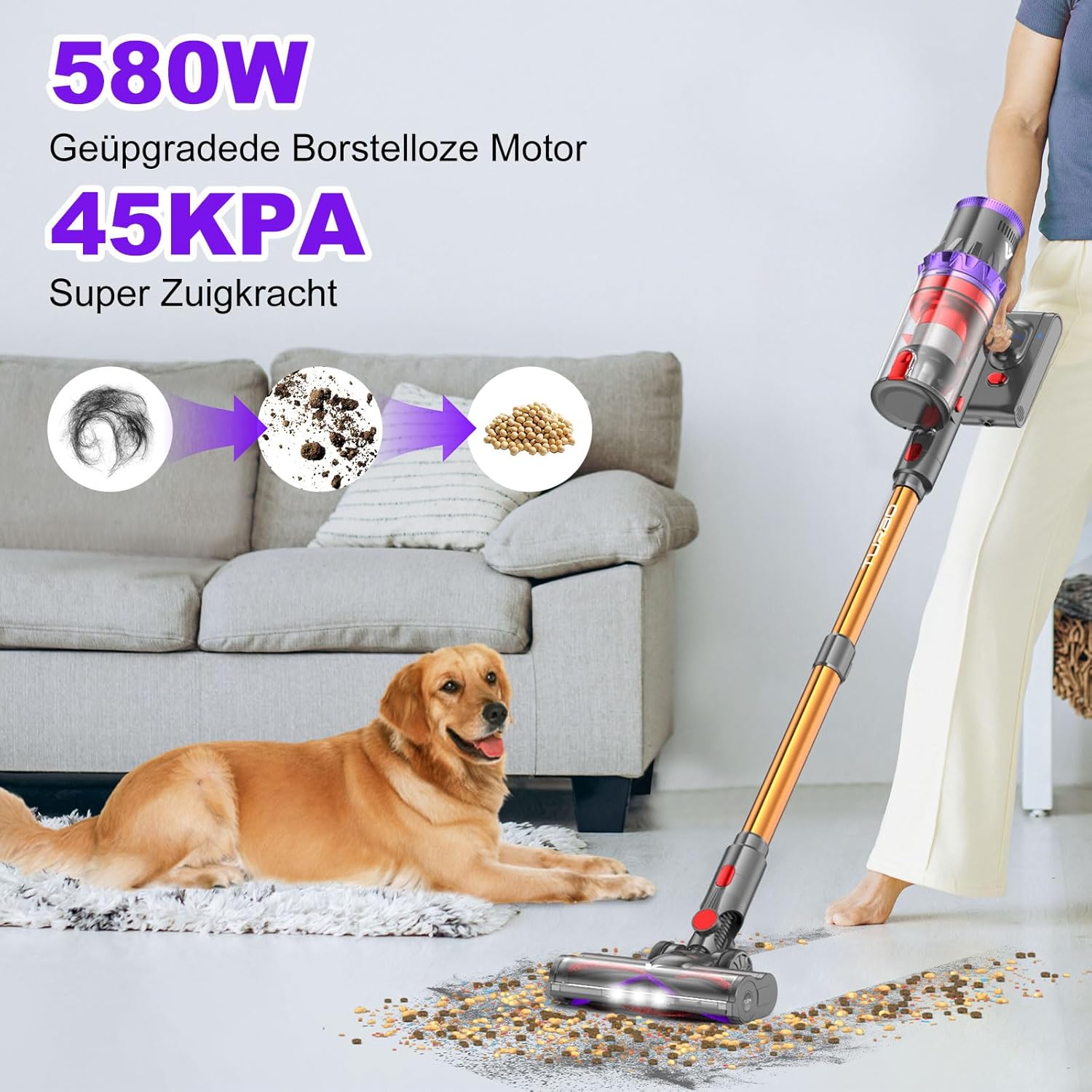 coovy SU7 Stick Vacuum Cleaner Cordless 580W/45Kpa/75Min, LED Display, 1.3 L Vacuum Cleaner Anti-tangle, Stick Vacuum Cleaner Cordless for Pet Hair, Carpet, Hard Floors