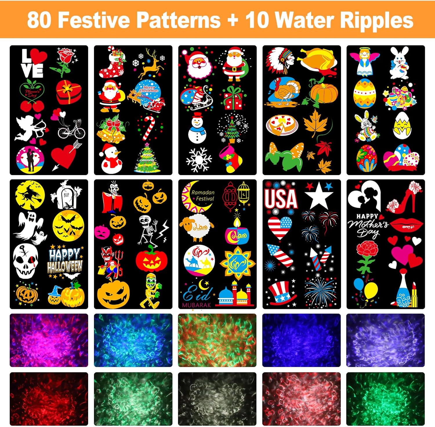 2025 Improved Brighter Halloween Decorations Projector Lights for Home, Display 8 Patterns at a Time (3D Ocean Wave & Patterns), 8 Themes Holiday Projector Halloween Day Home Decoration Light Show