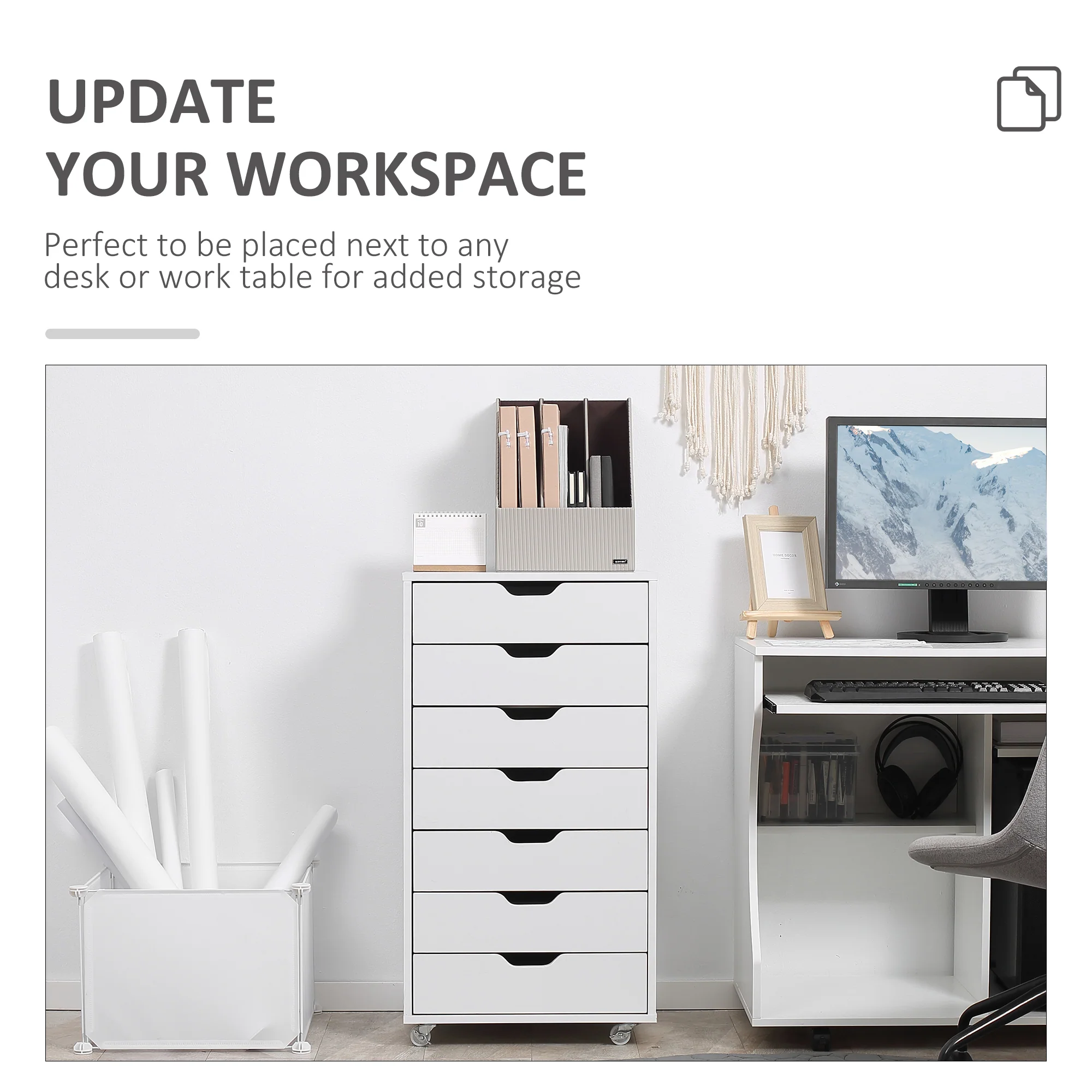 Verticale Archiefkast met 7 Lades, Mobiele Kantoorkast op Wieltjes voor Studie of Kantoor, Wit