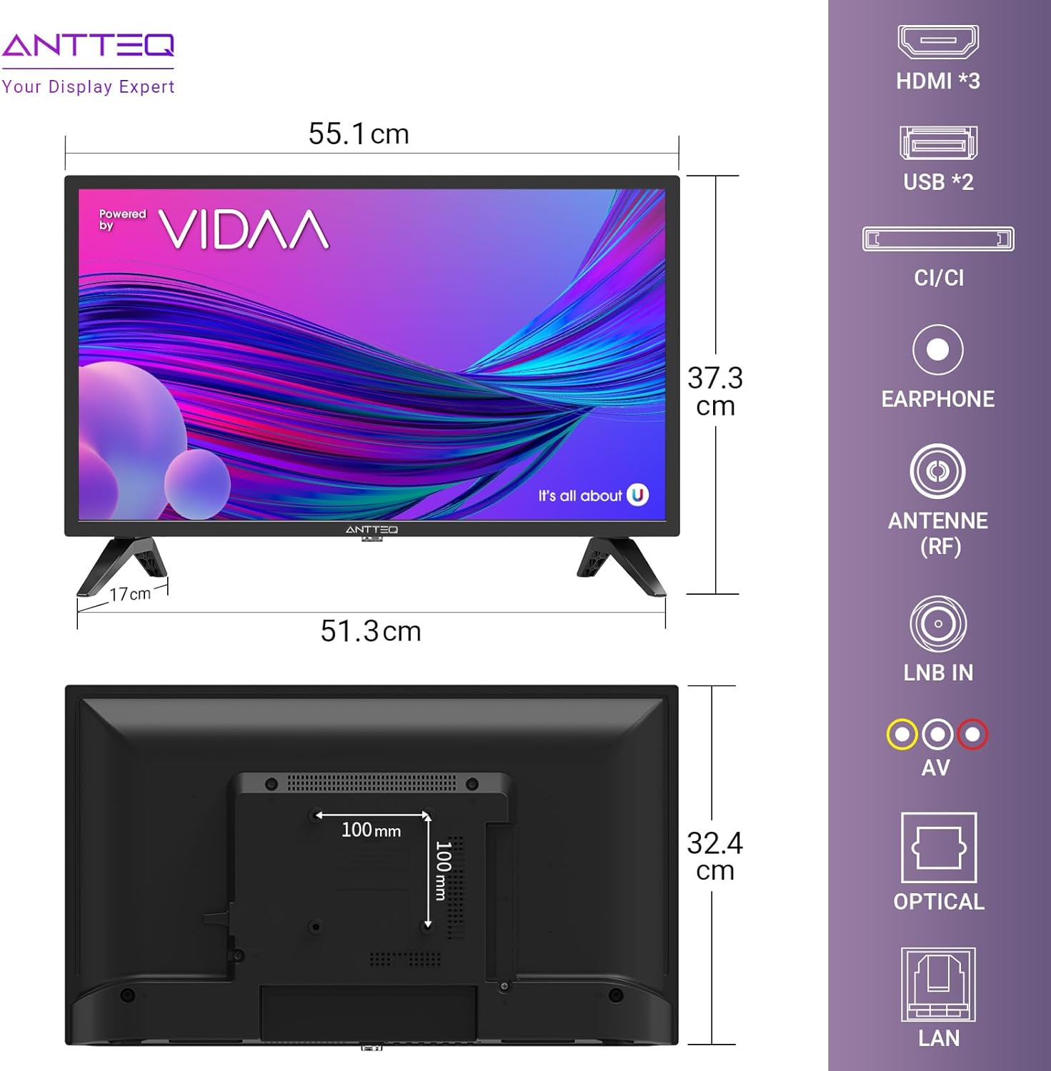 ANTTEQ AB42D1 TV 42 Inch (TV 106 cm), Dolby Audio, LED, HDMI, Media Player via USB, Digital Audio Output, Triple Tuner DVB-C/T2/S2, CI+, Hotel Mode Included
