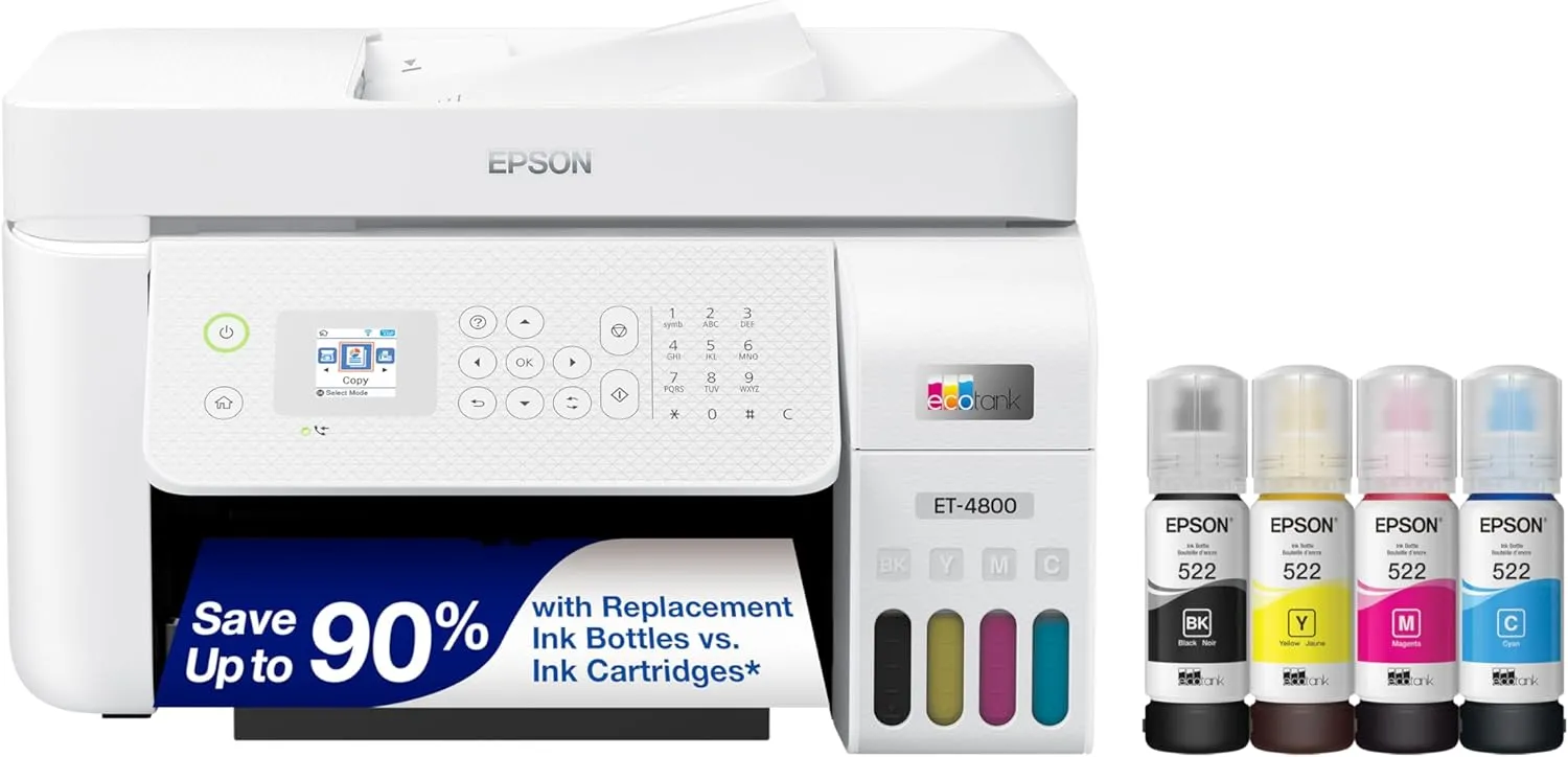 ET-4800 Draadloze alles-in-één cartridgevrije supertankprinter met scanner, kopieerapparaat, fax, ADF en Ethernet - Ideaal voor uw thuiskantoor, wit