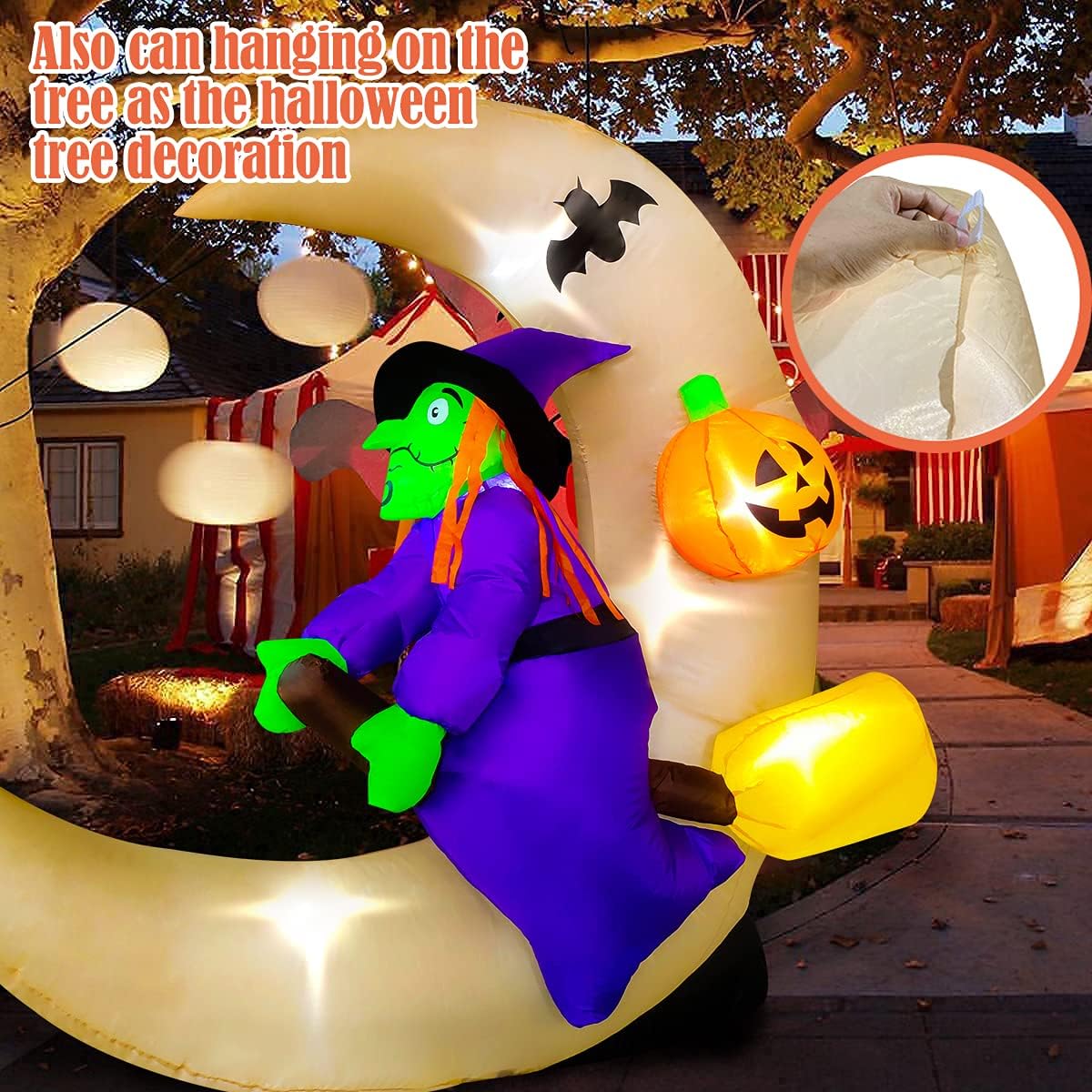 BESTPARTY 4ft Long Halloween Inflatable Witch Sitting on Moon Decoration, LED Blow Up Illuminated Decor Indoor Outdoor Holiday Art Decor Decorations