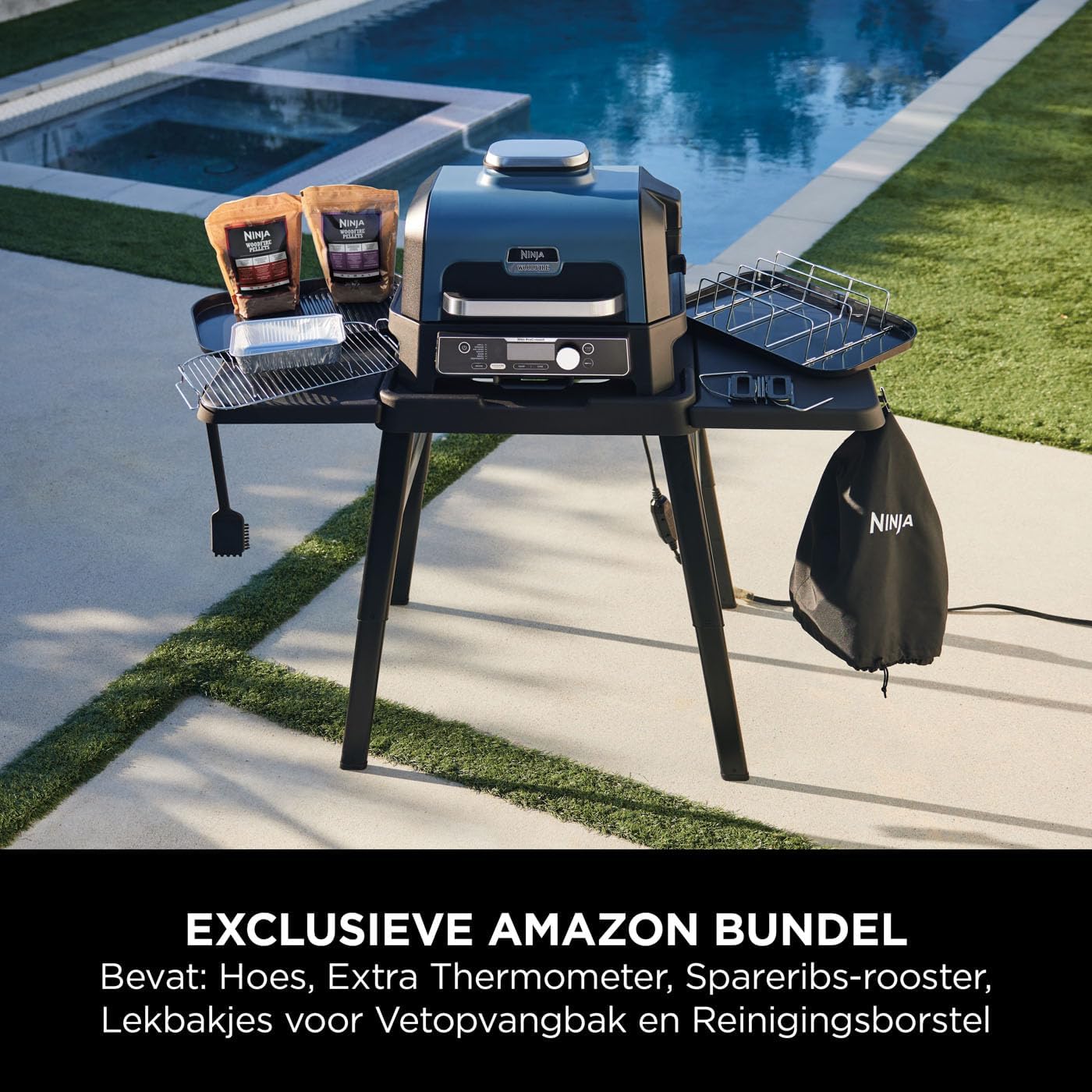 Ninja Woodfire Pro Connect XL Electric BBQ Grill & Smoker with App Control, Digital Sensor, Large 7-in-1 Grill & Air Fryer with Wood Fire Pellets, Weatherproof, Black OG901EU