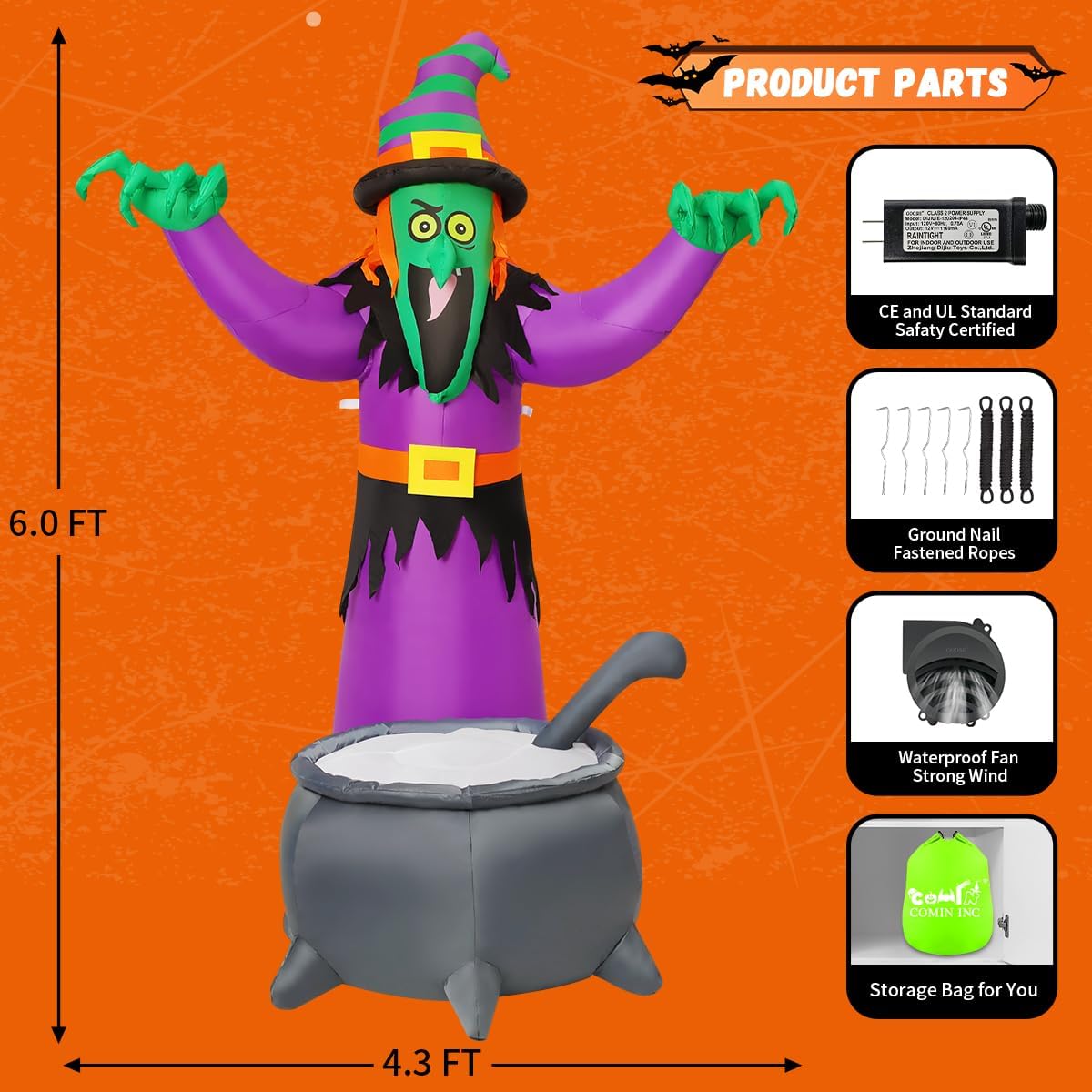 COMIN 6FT Halloween Inflatables Geanimeerde Heks Wuivende Handen Opblazen Outdoor Tuin Decoraties Tuin Gazon Decor