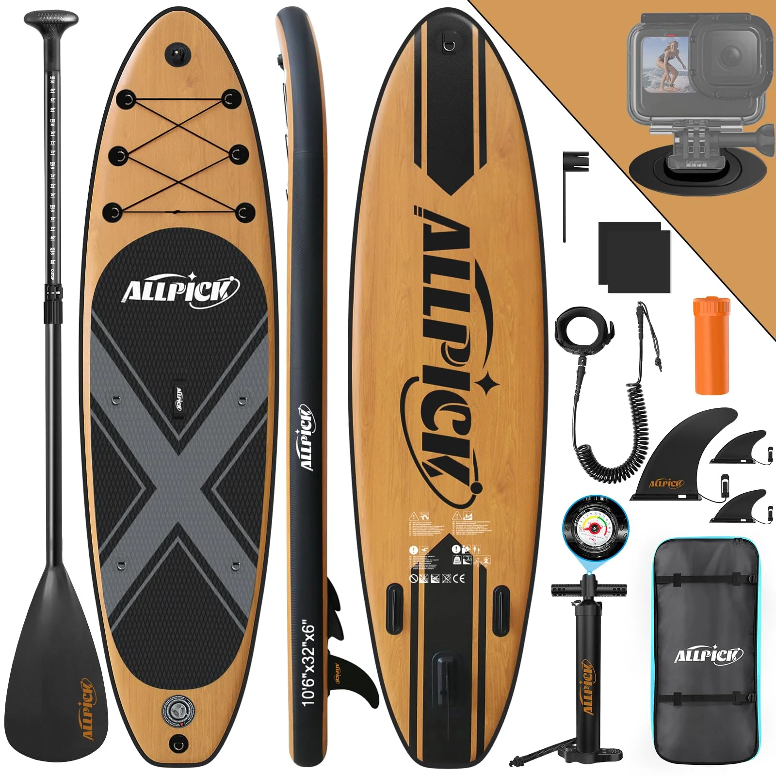 2025 Premium Set ALLPICK SUP Paddleboard, Opblaasbare Paddle Surfplank, met Universele Camerahouder, Complete Accessoires, Verstelbare Peddel, Beginners en Gevorderden, Houtlook Design